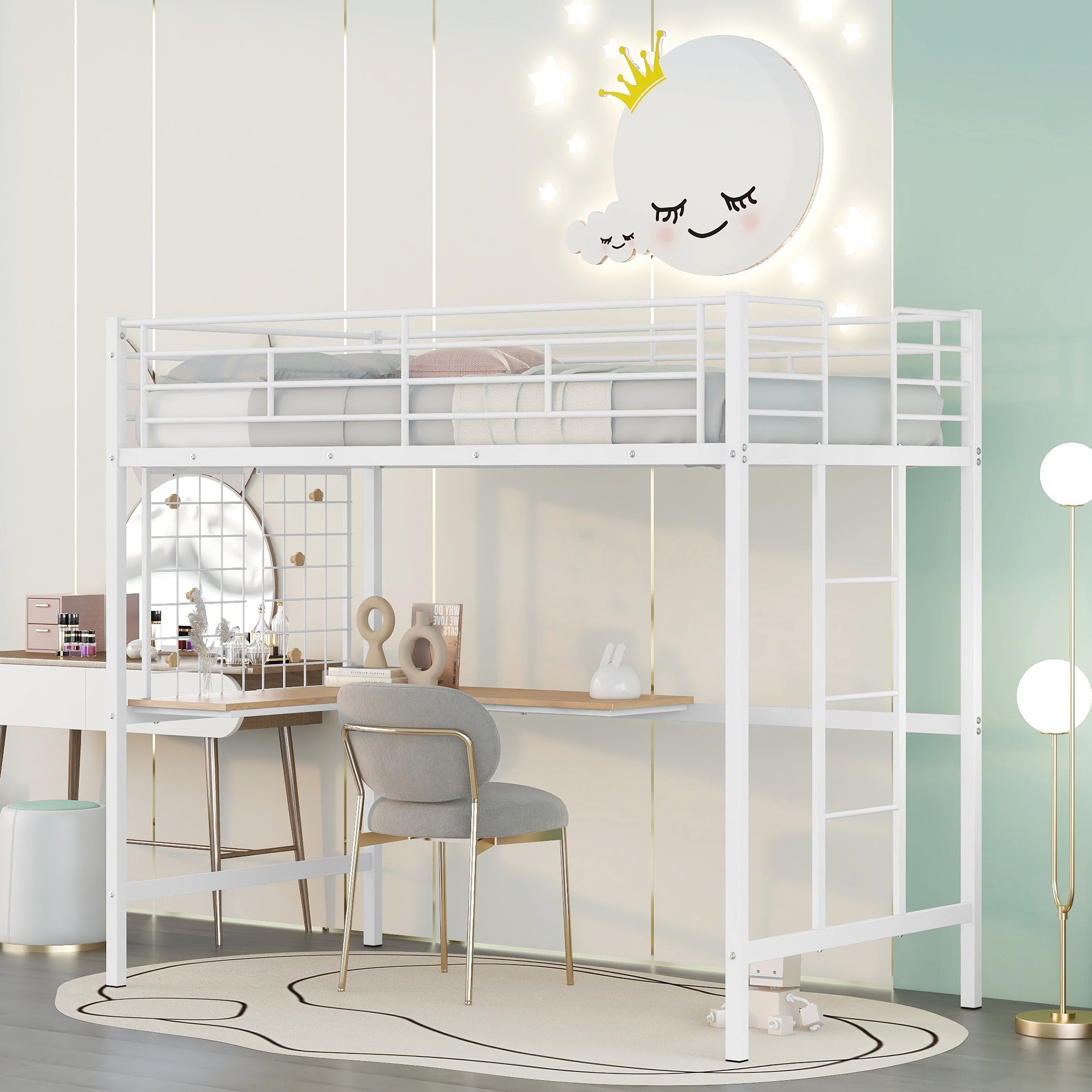 White Twin Metal Loft Bed with Desk & Grid | Space-Saving Design
