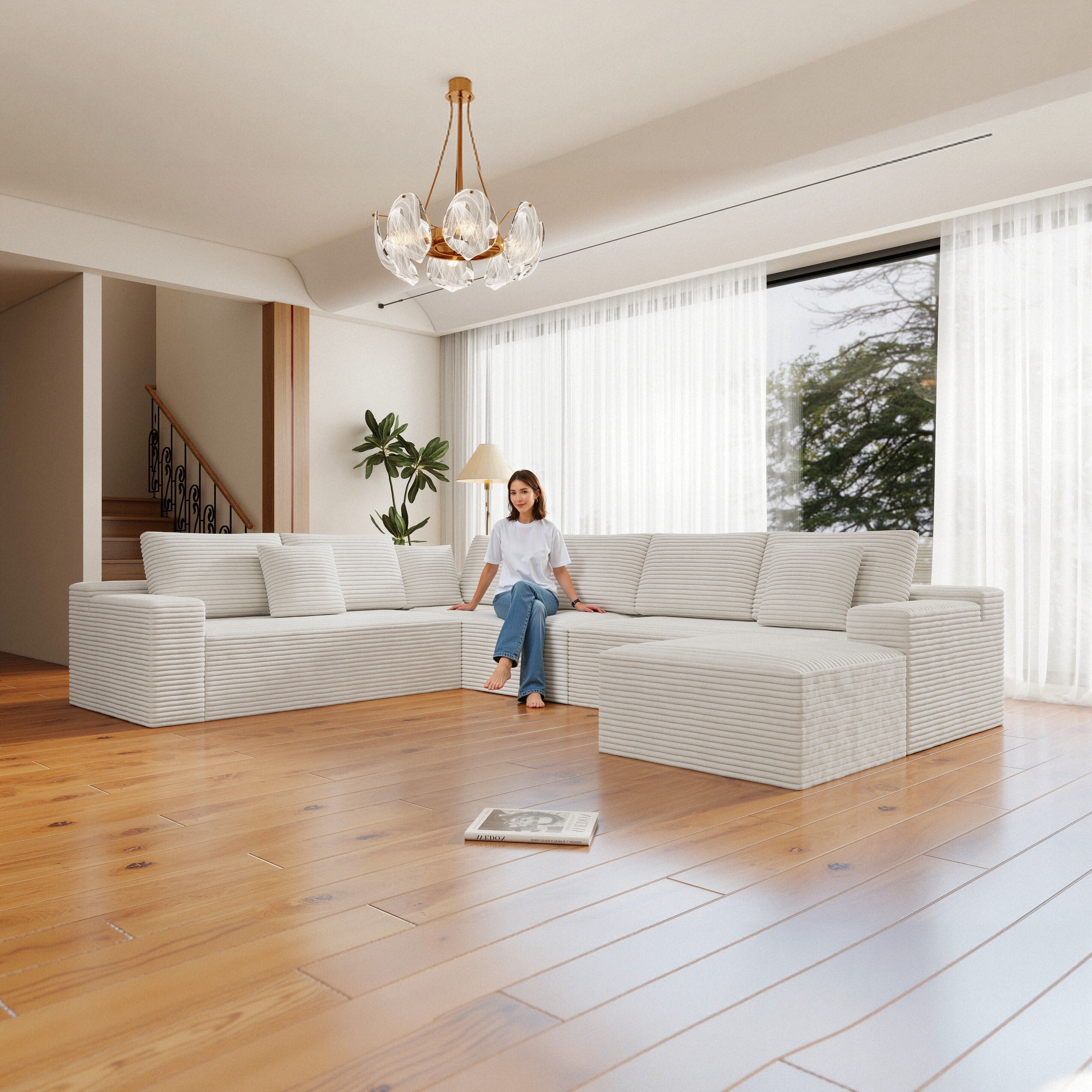 White Plush Corduroy Modular Sectional Sofa 4PC No Assembly