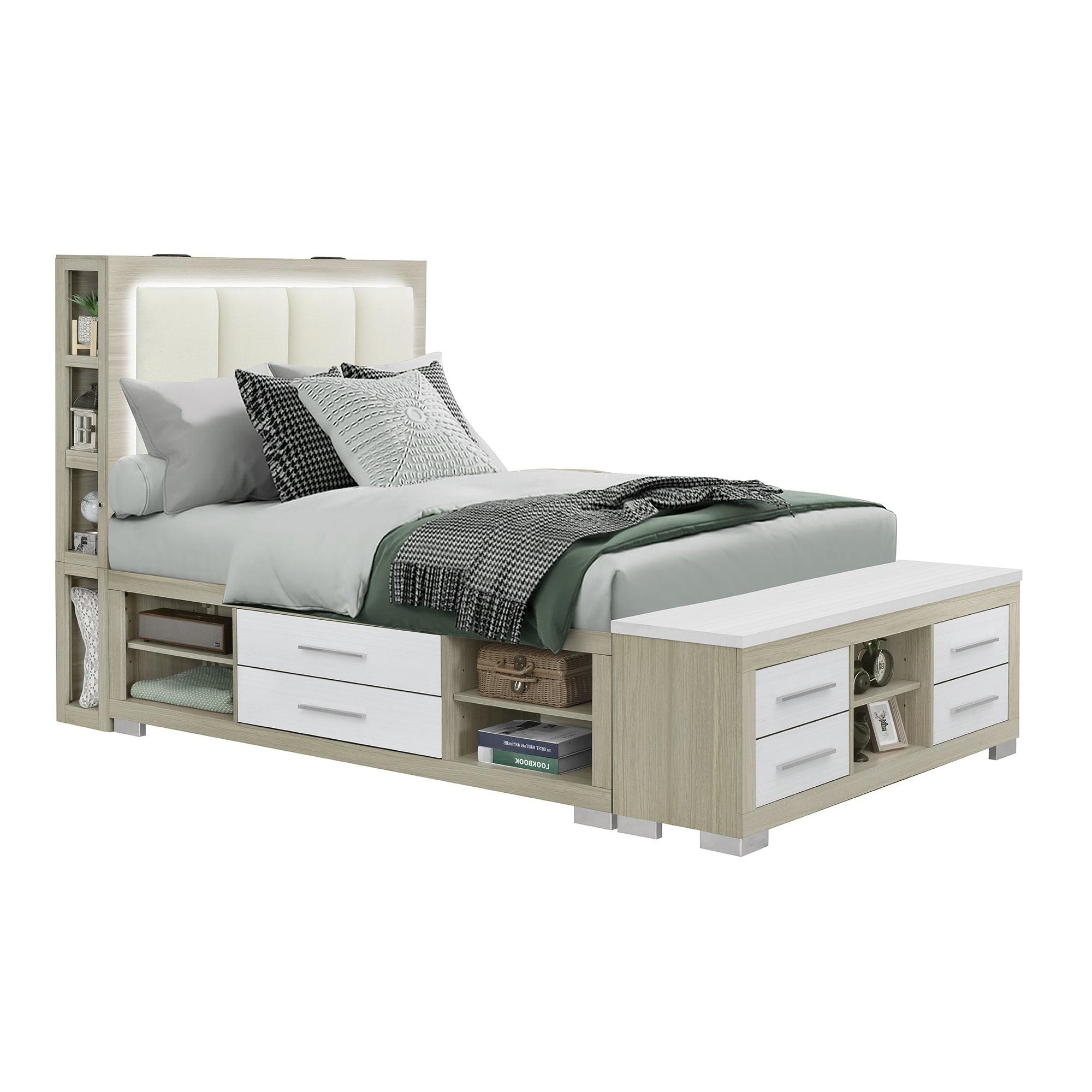 Messa Natural-White Full Bed: Bookcase Headboard & Storage Rubber Wood