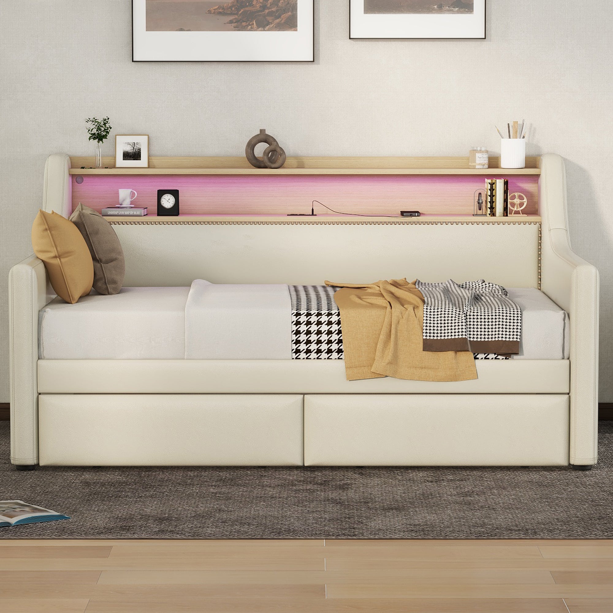 Twin Upholstered Daybed: Storage, Charging Station, LED Lights (Beige)