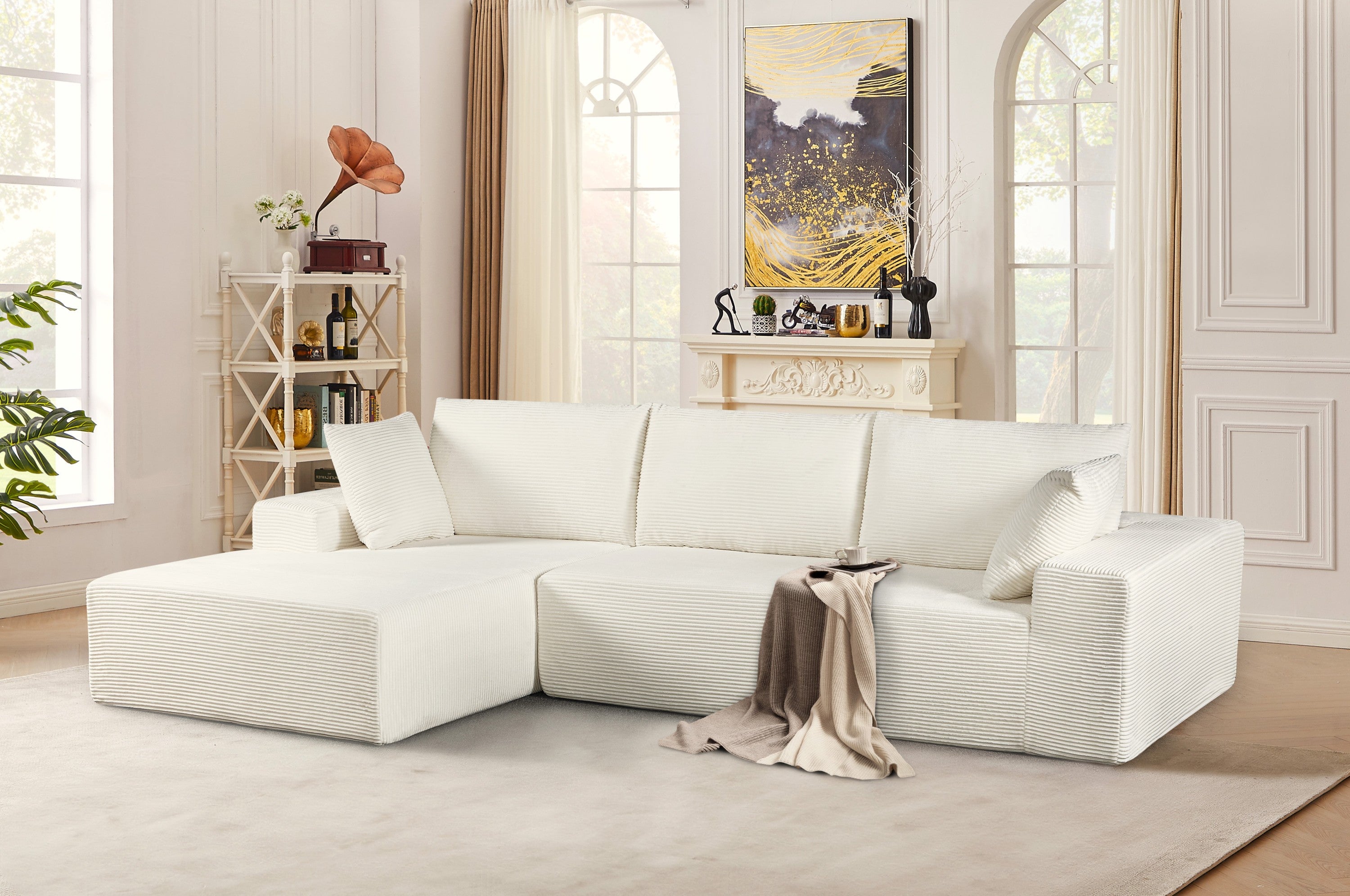 CozyForm Corduroy Convertible Sectional Sofa, Ivory, No Assembly