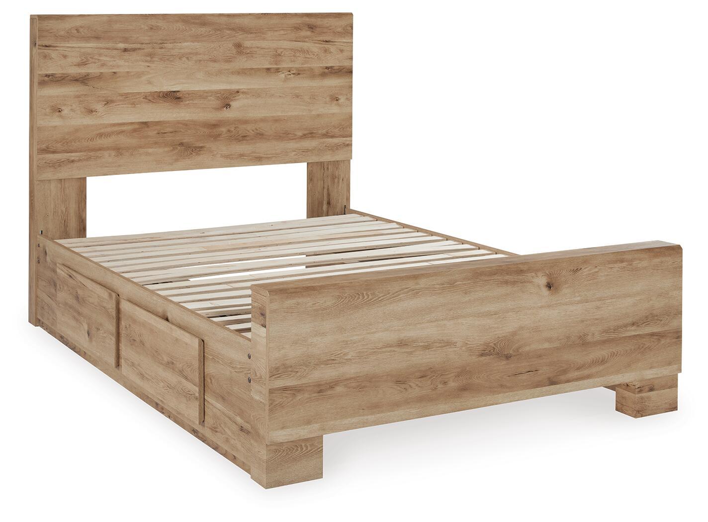 Beige wood storage bed with side drawers and open slatted base