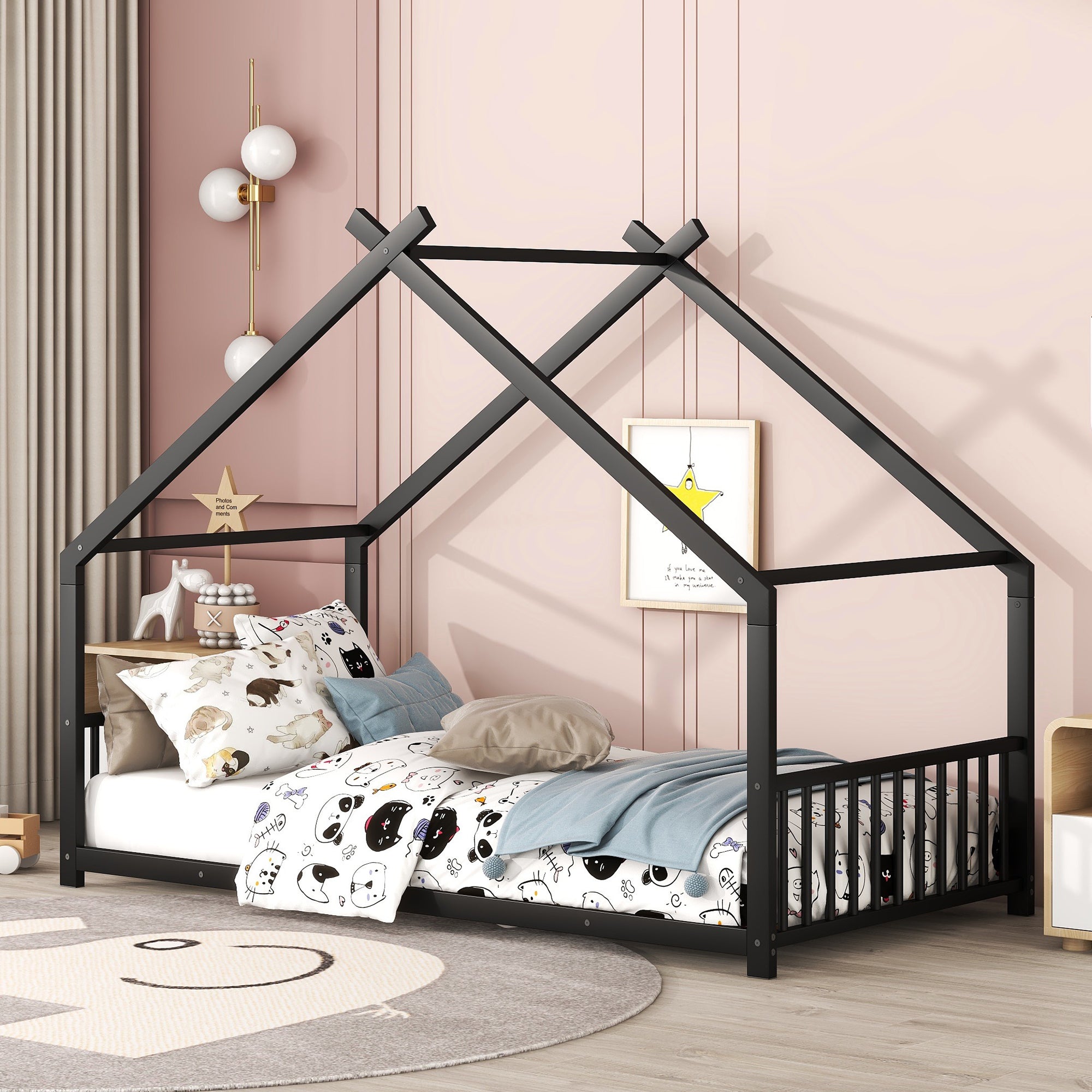 Twin Size Black Metal House Bed Frame