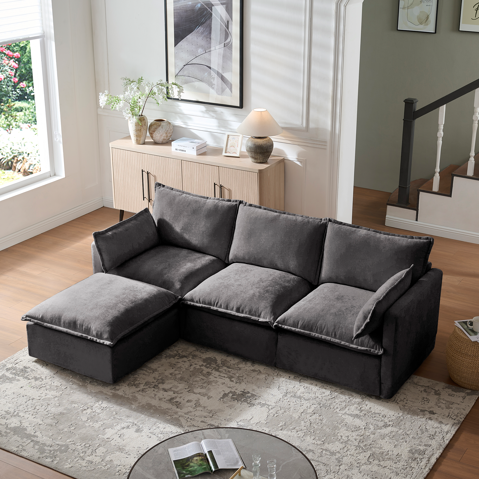 Modular Sectional Sofa L-Shape with Movable Ottoman 4-Seater