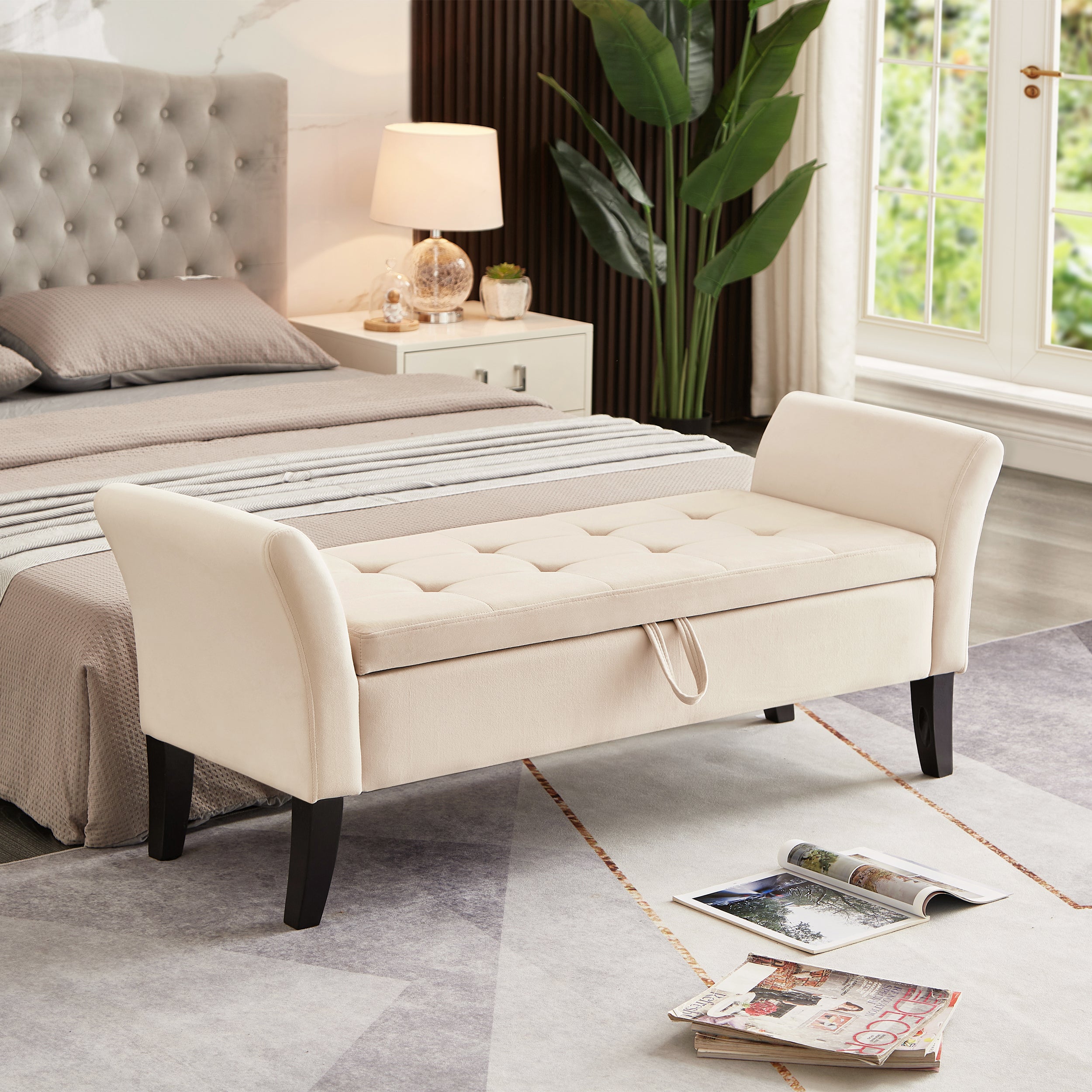 51.5" Beige Velvet Storage Bed Bench Ottoman