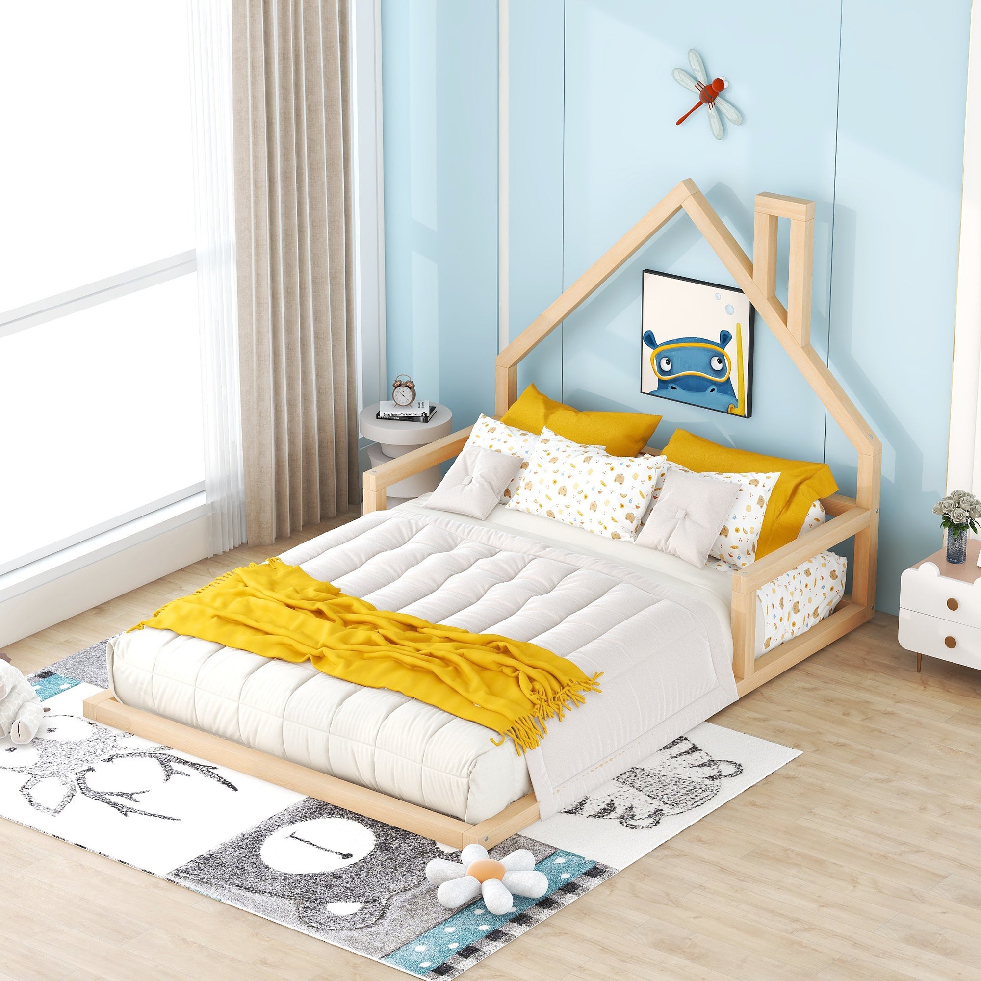 Full Size Natural Wood Floor Bed with House Headboard for Kids Room