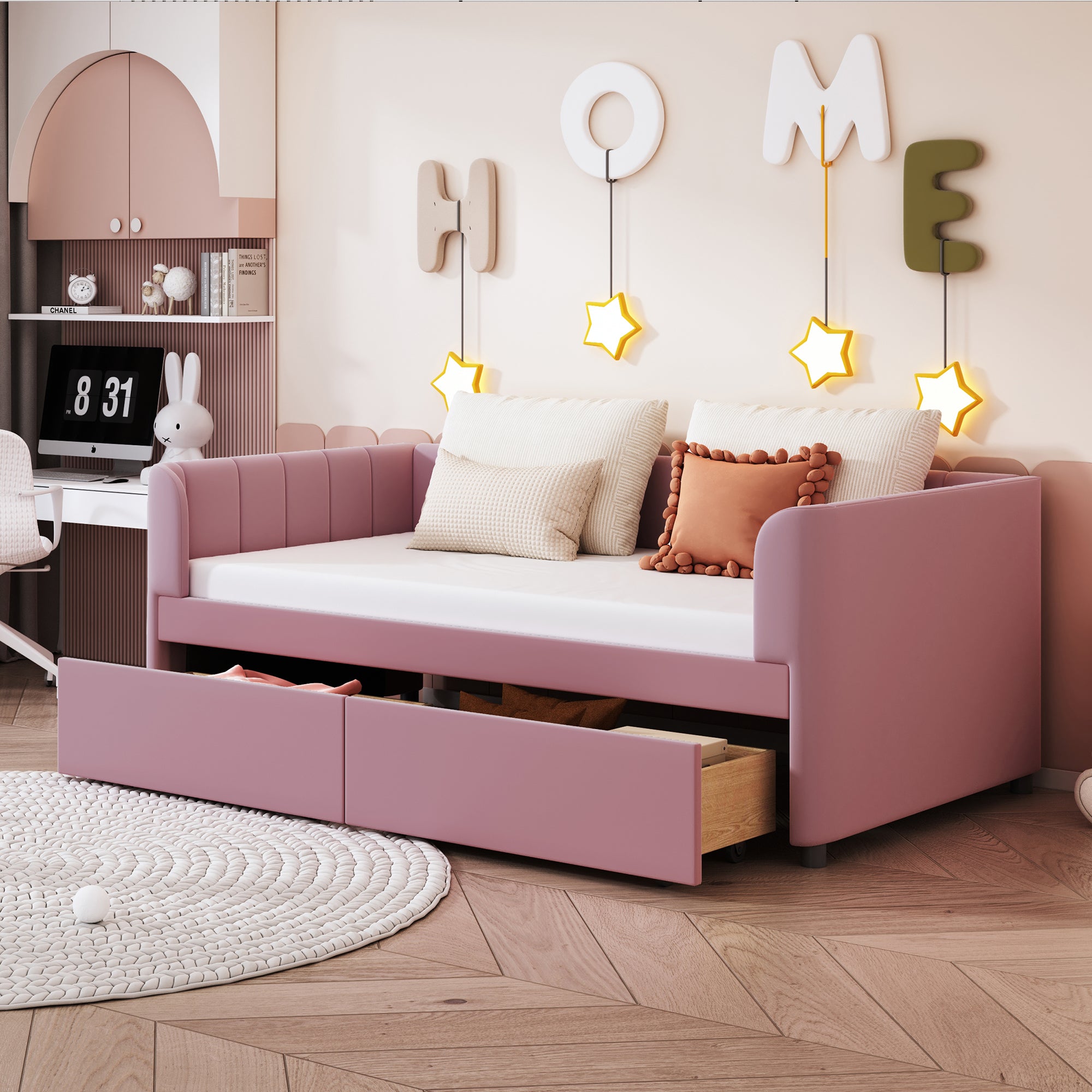 Pink Twin Upholstered Daybed with Drawers & Ergonomic Backrest