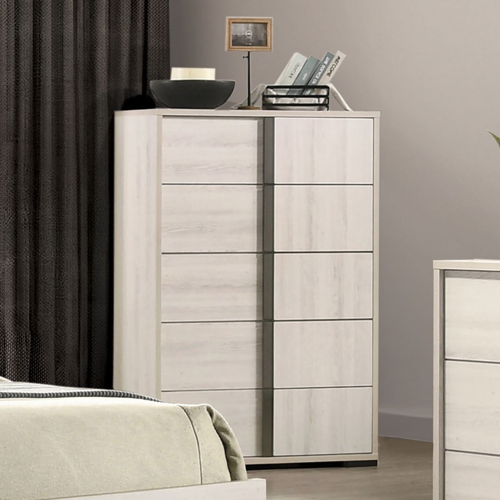 Contemporary White Wash Bedroom Chest with Chrome Handles