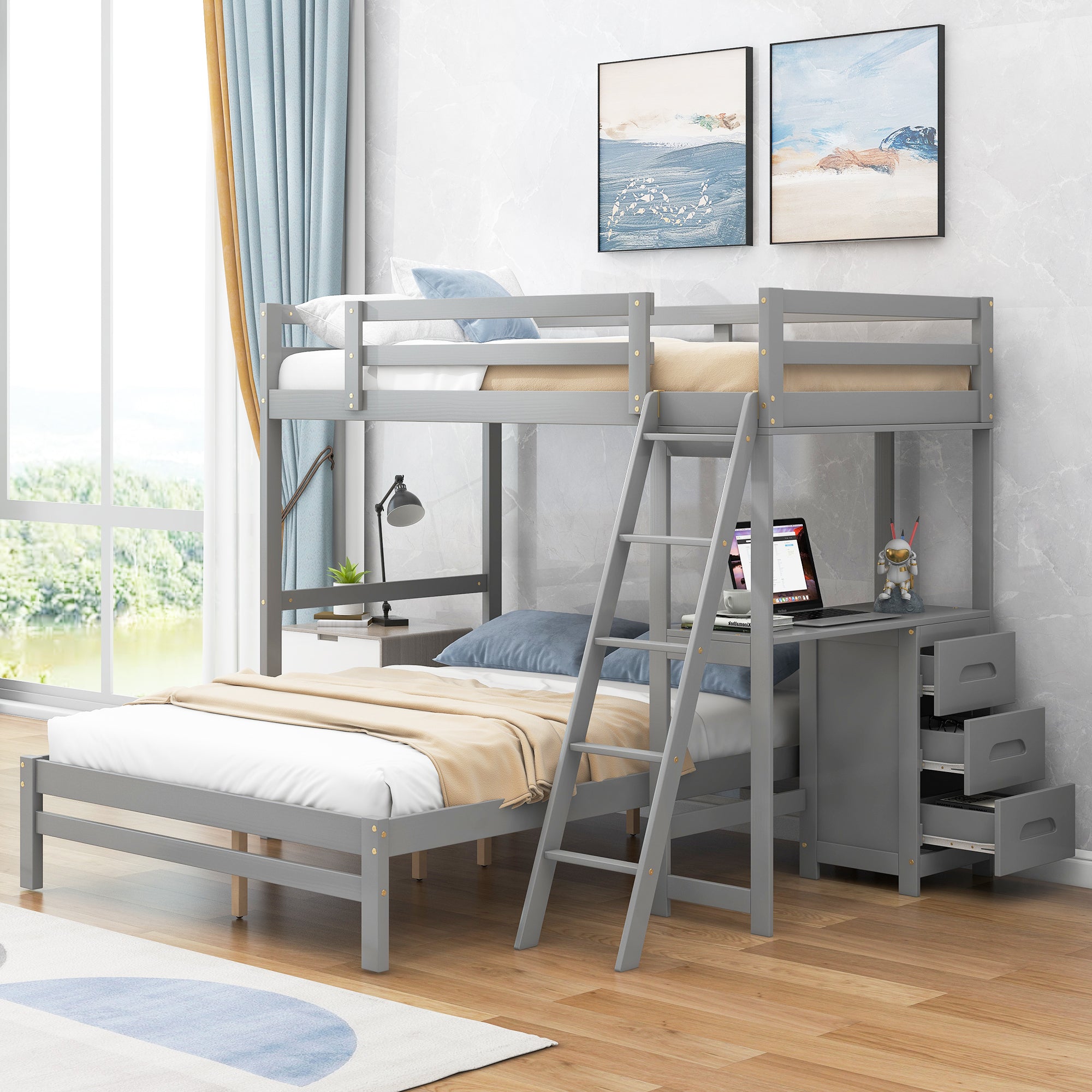 Grey Twin Over Full Bunk Bed w/ Desk & 3 Storage Drawers