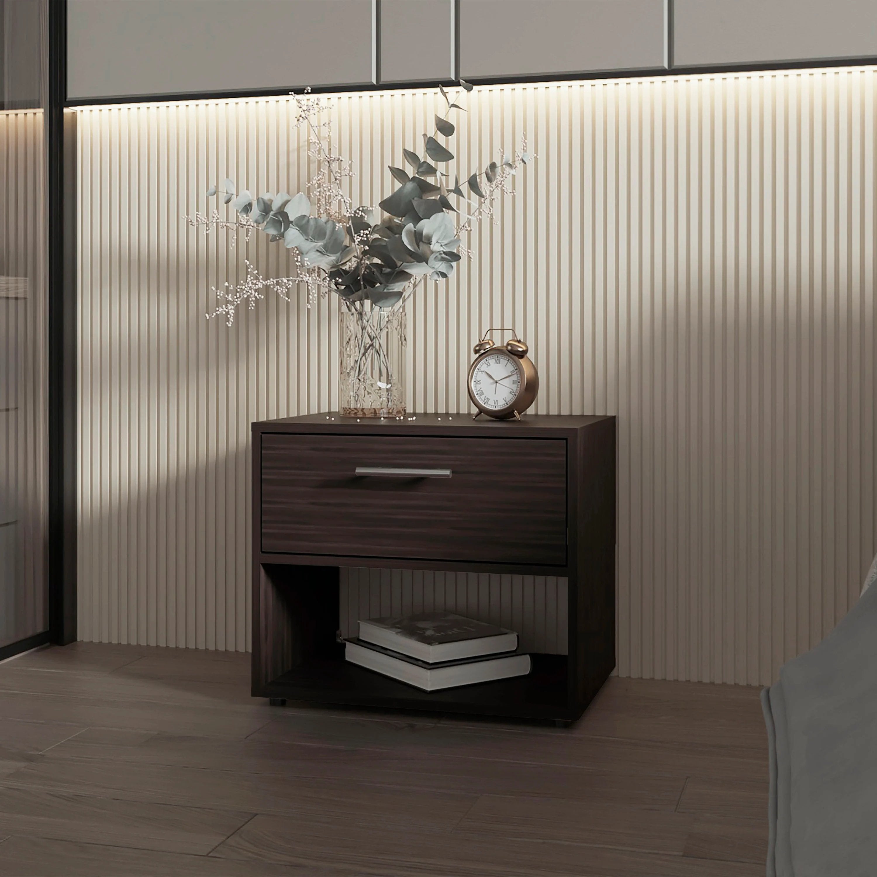 Stained Walnut 1-Drawer Nightstand Bedside Table