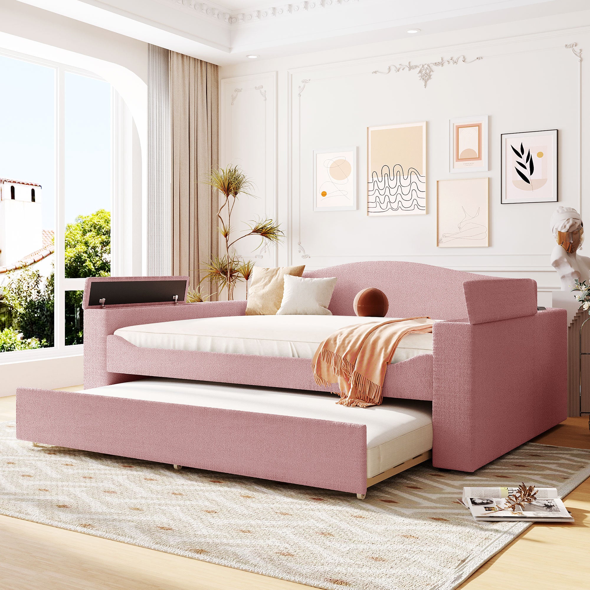 Full Size Pink Teddy Fleece Daybed with Trundle, Storage & Bluetooth