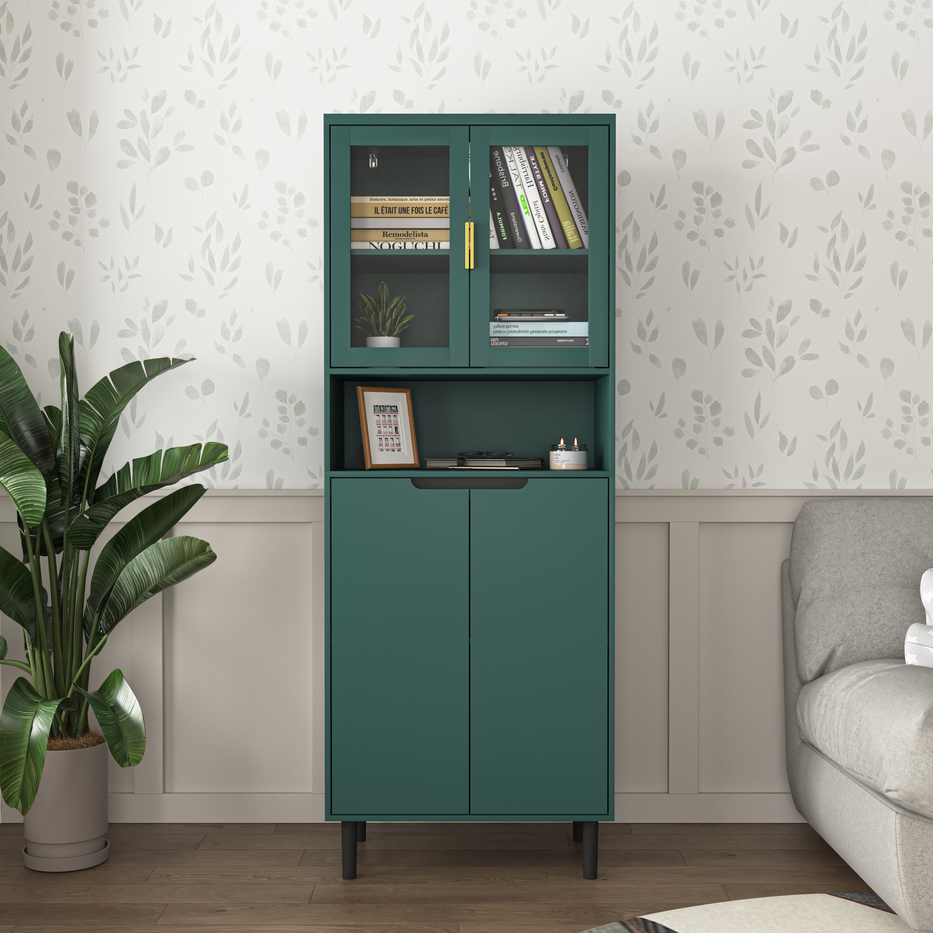 Green Tempered Glass Bookcase Tall Storage Cabinet