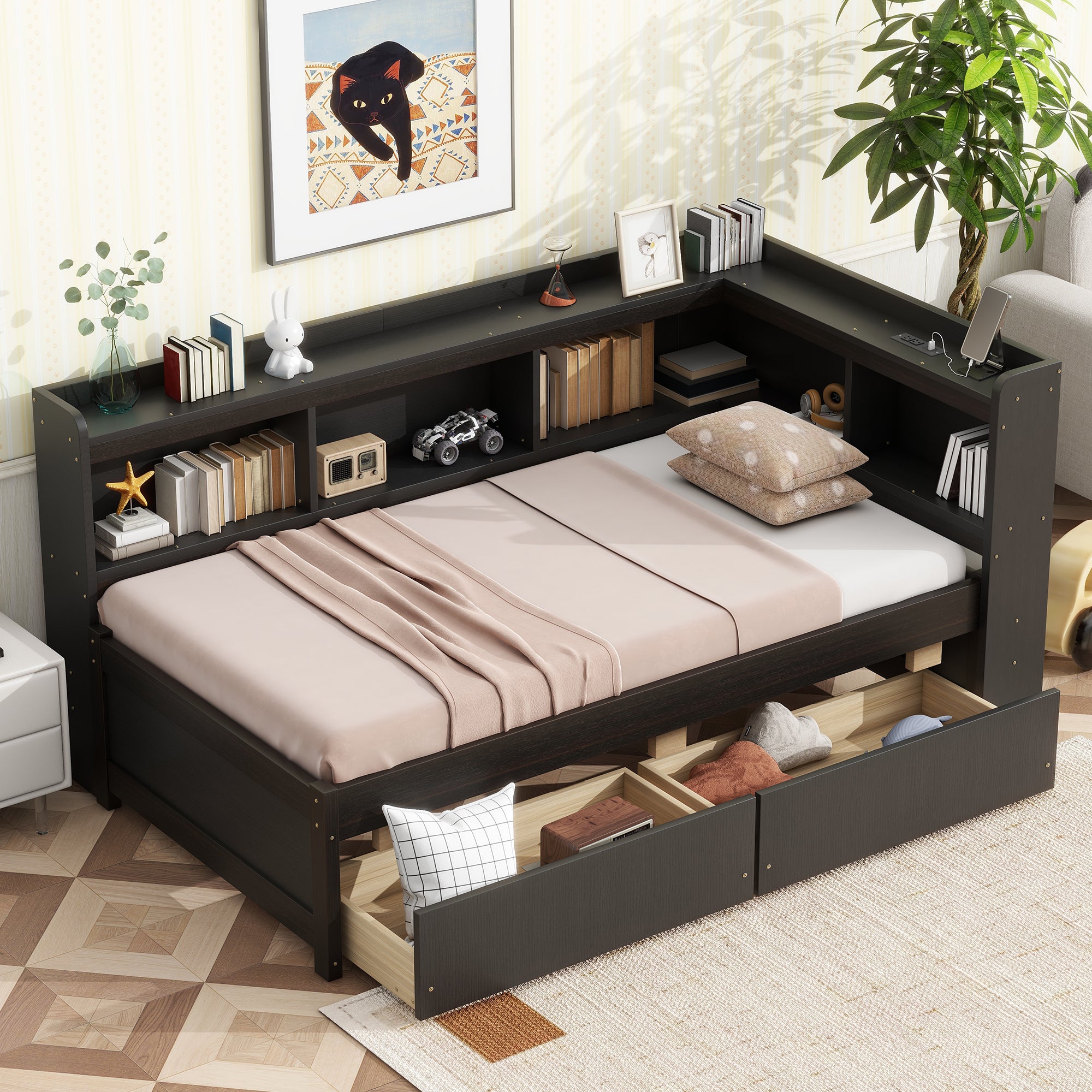 Espresso Twin L-Shaped Bookcase Bed w/ USB, Power, Drawers