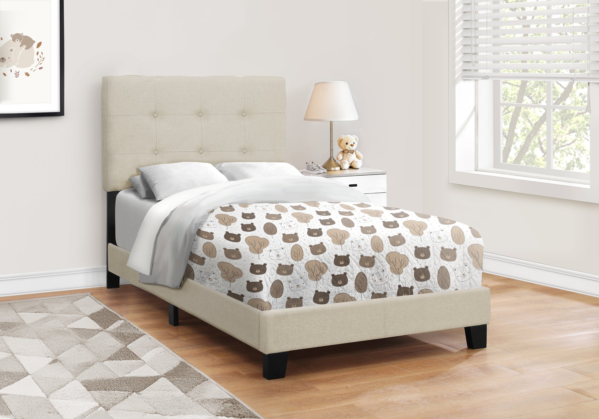 Transitional Twin Upholstered Bed Frame: Beige Linen Youth/Teen Bedroom