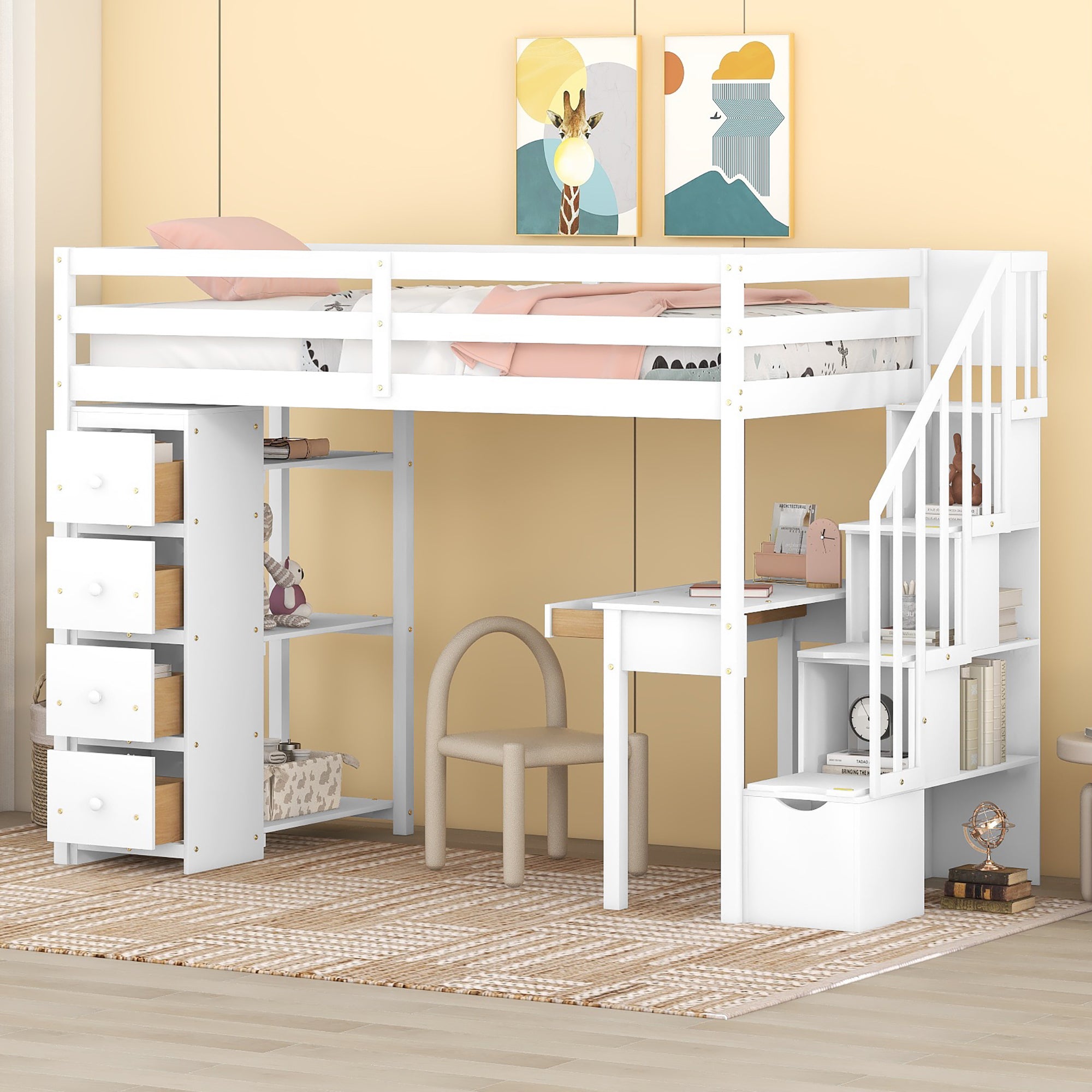 Twin Loft Bed with Desk, Stairs, Storage Drawers & Shelves - White