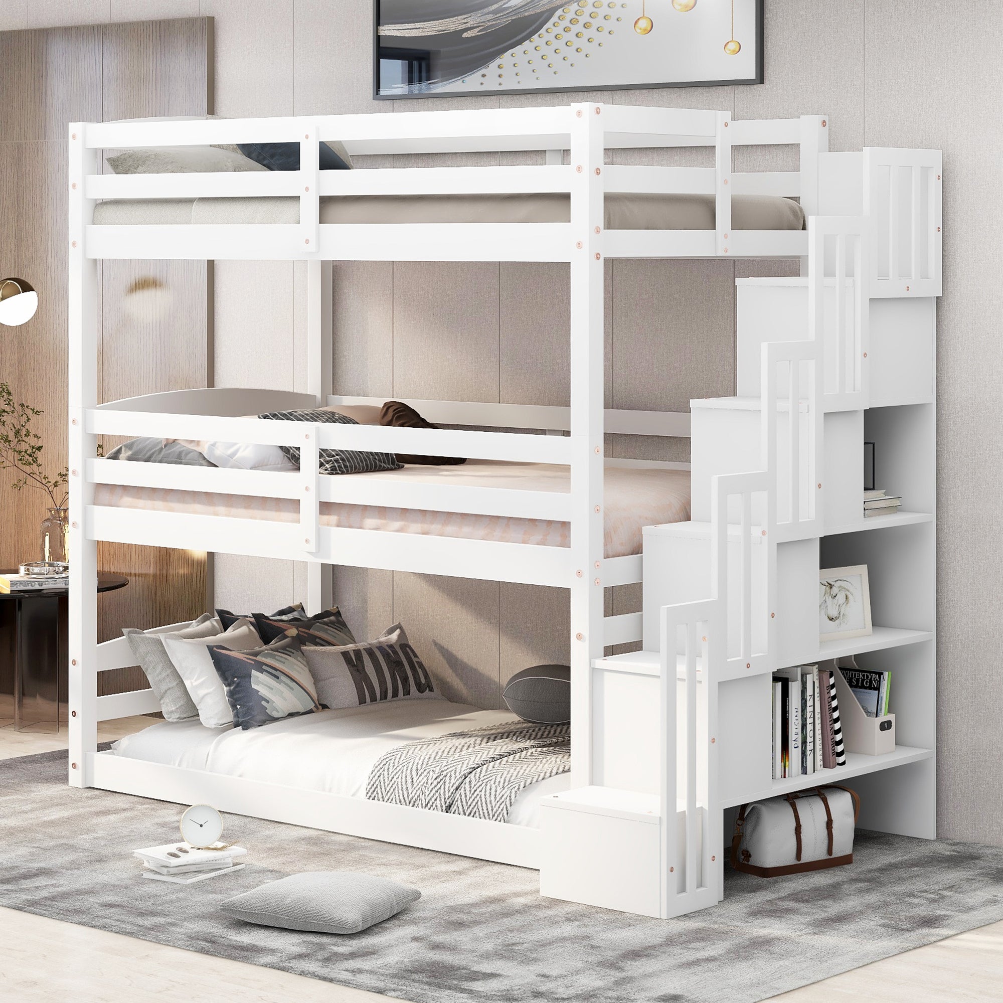 White Twin Triple Bunk Bed with Storage Staircase & Separate Design