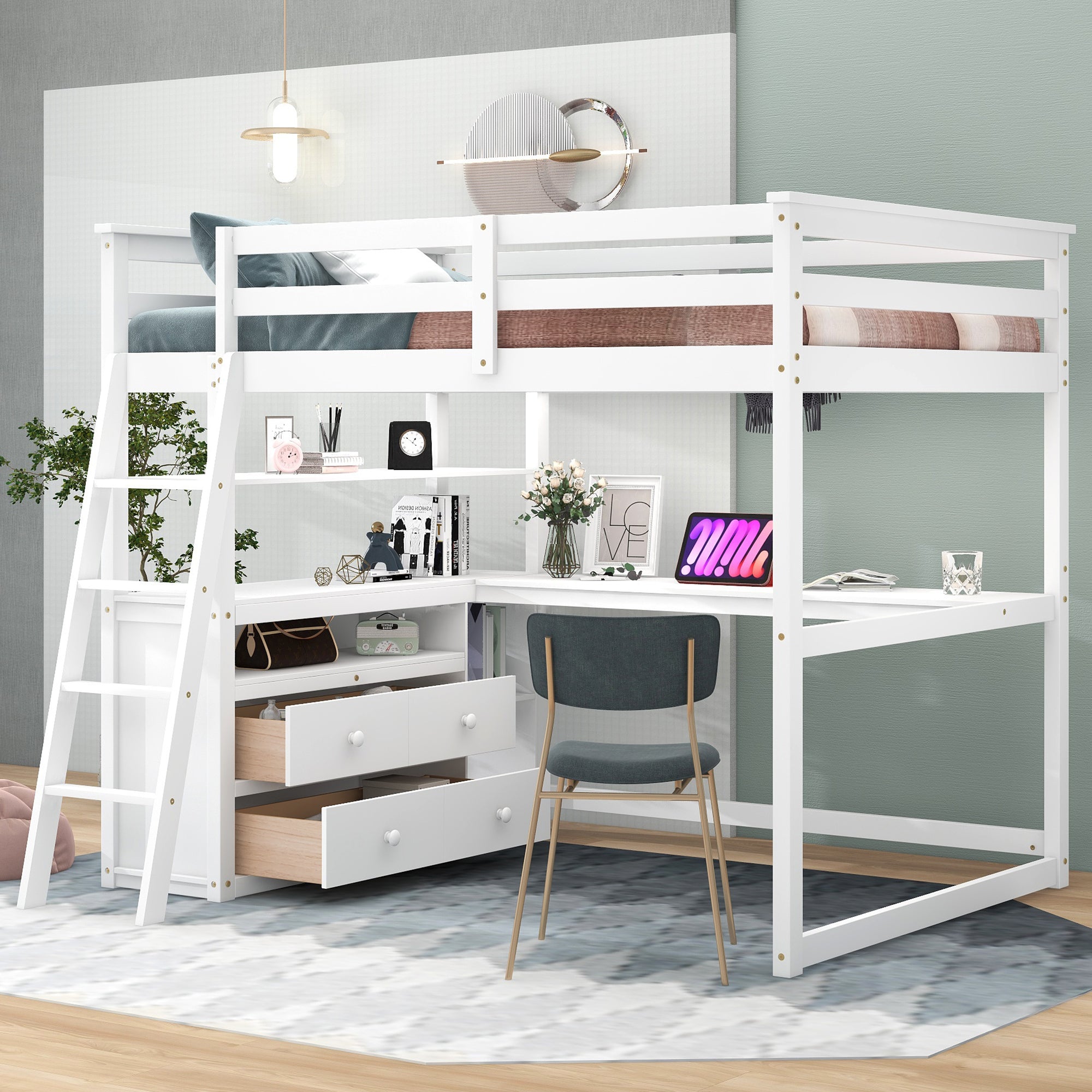Space-Saving Full Size White Loft Bed: Desk, Shelves & Drawers