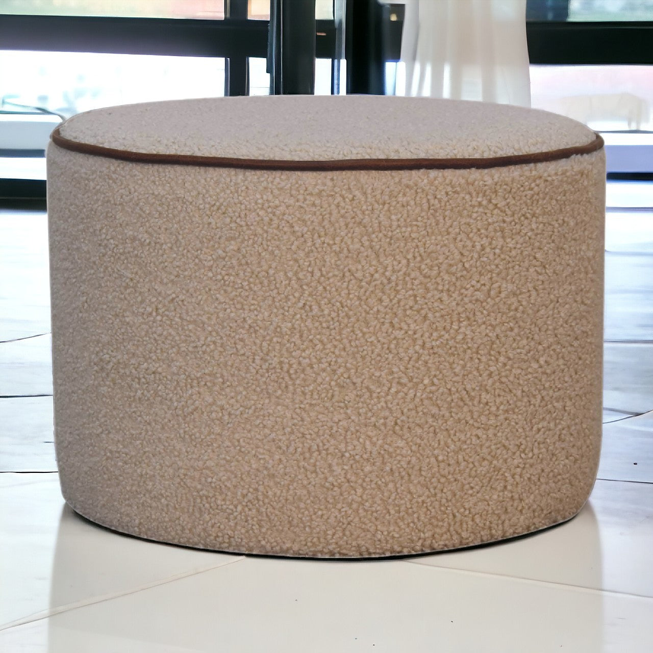 Serenity Large Round Upholstered Beige Footstool