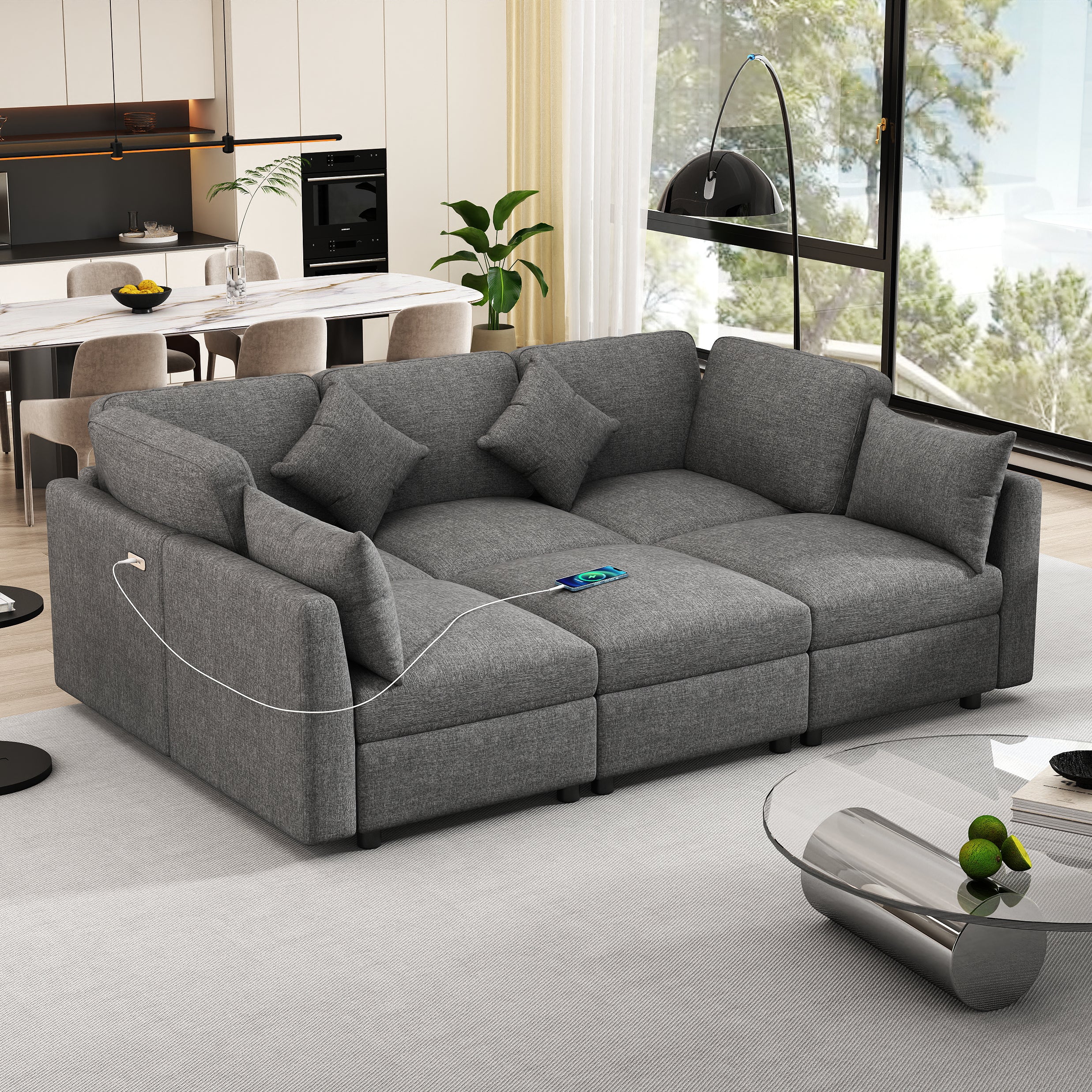 Modular U-shaped Sectional Sofa w/ Ottoman, USB - Grey