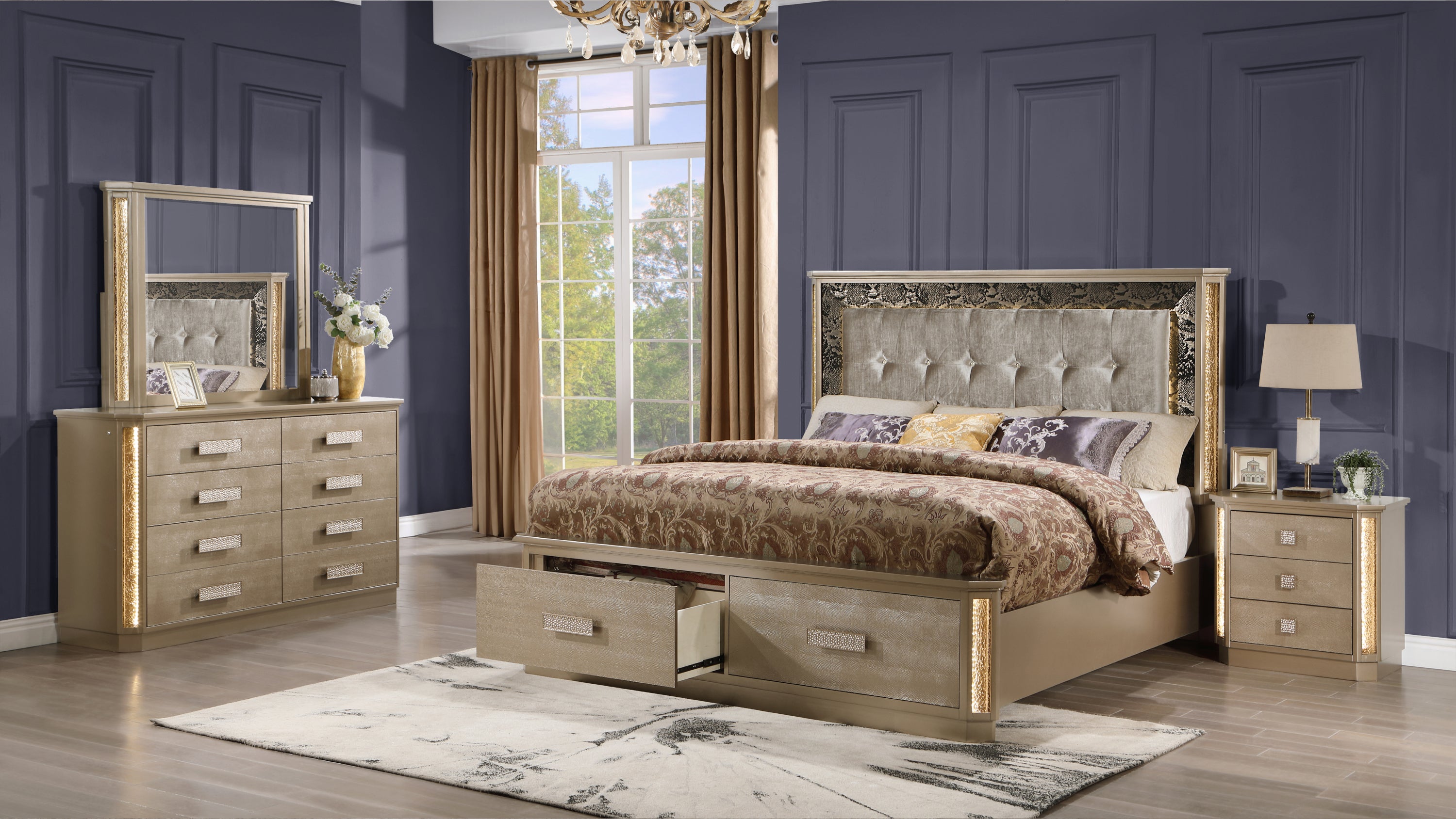 Medusa Queen 4PC Gold Wood Bedroom Set - NJ Inventory
