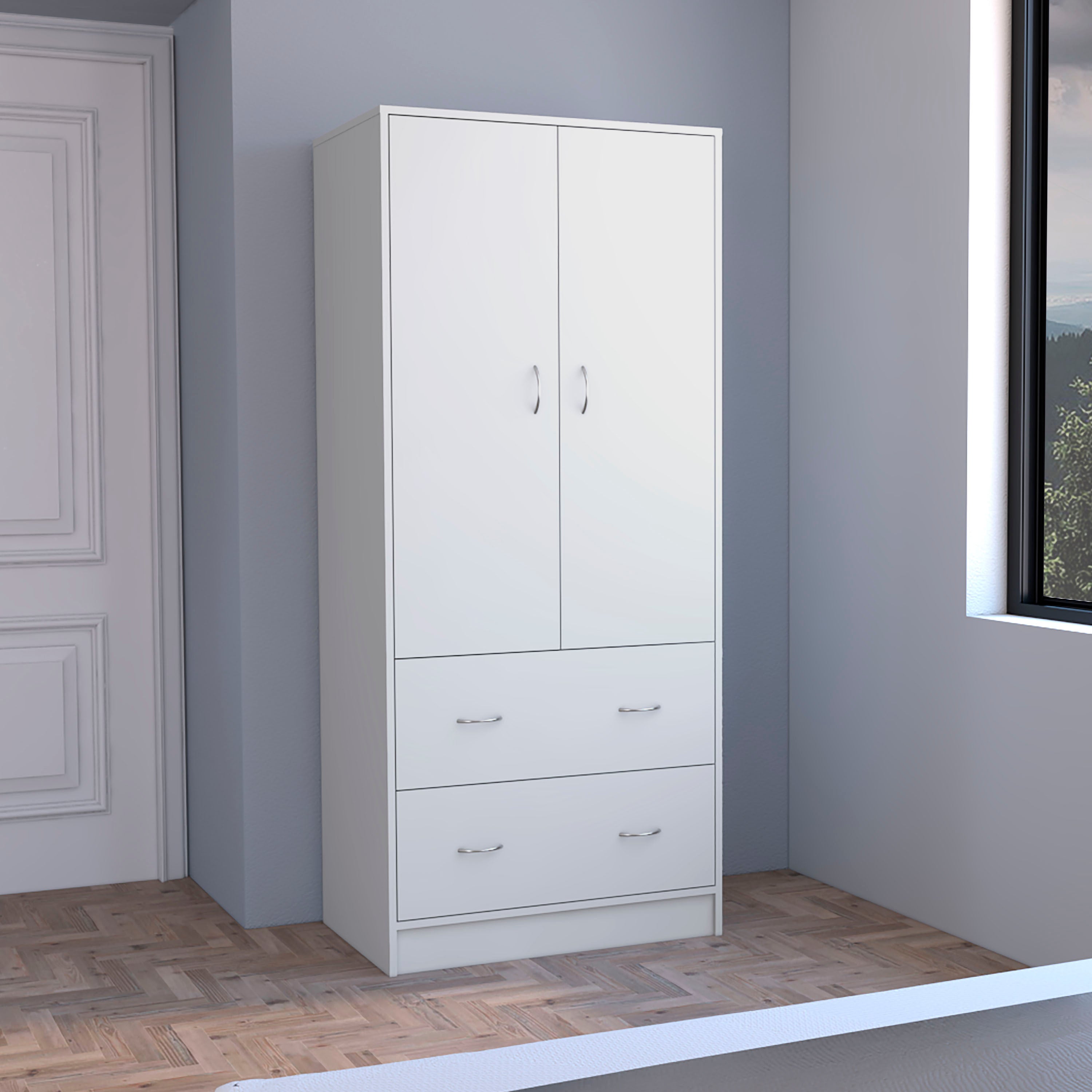 Taly White Armoire: Double Doors, 2 Drawers, Hanging Rod