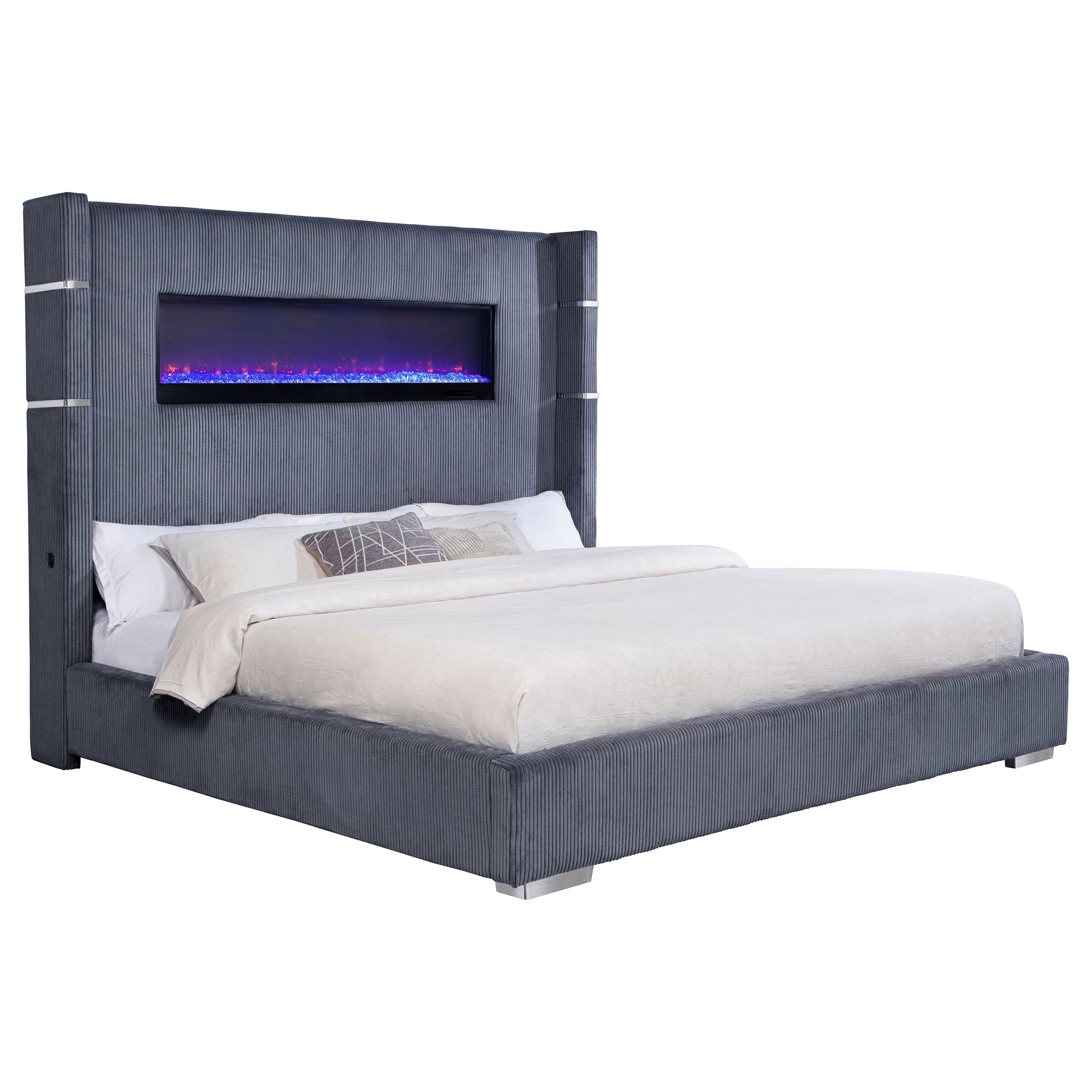 Judah Grey Upholstered Eastern King Bed with Flame Visualizer