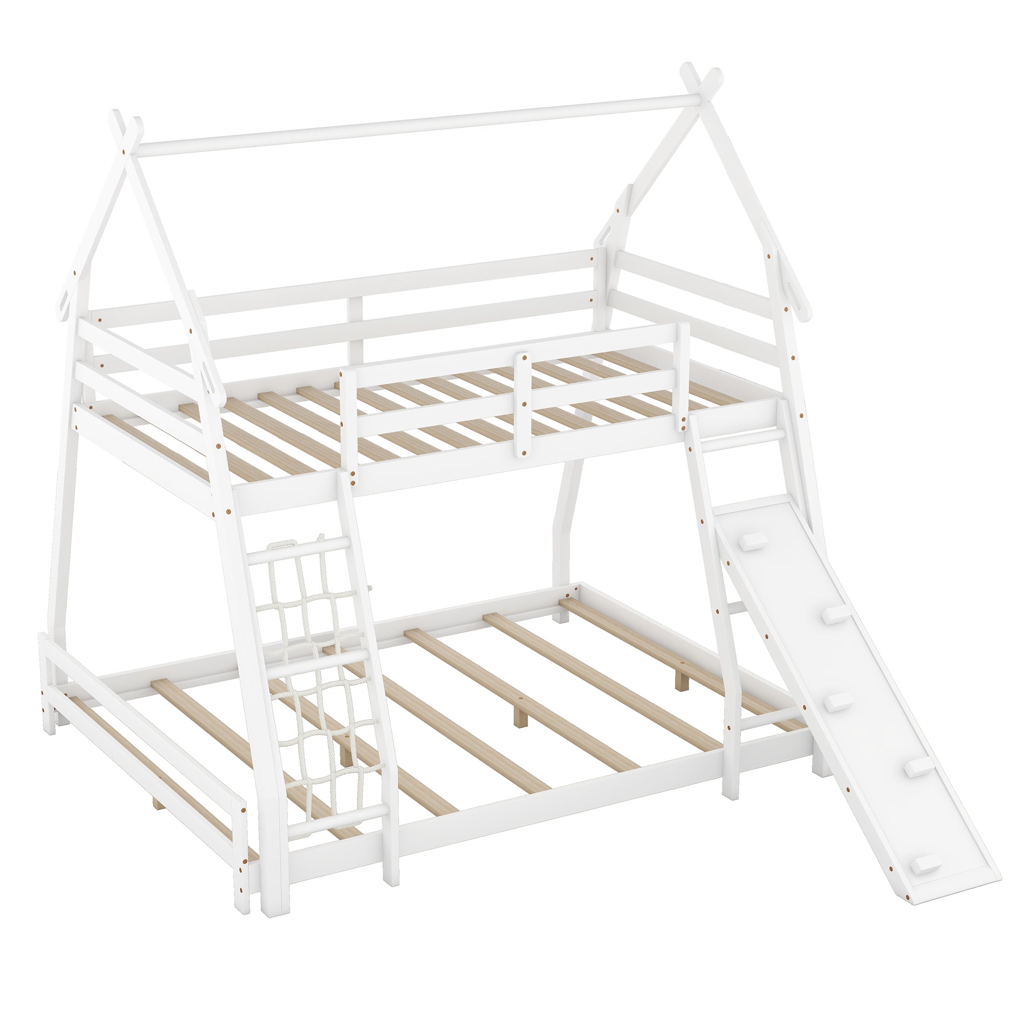 Georgiana Twin Over Queen House Bunk Bed: Nets & Ramp, White