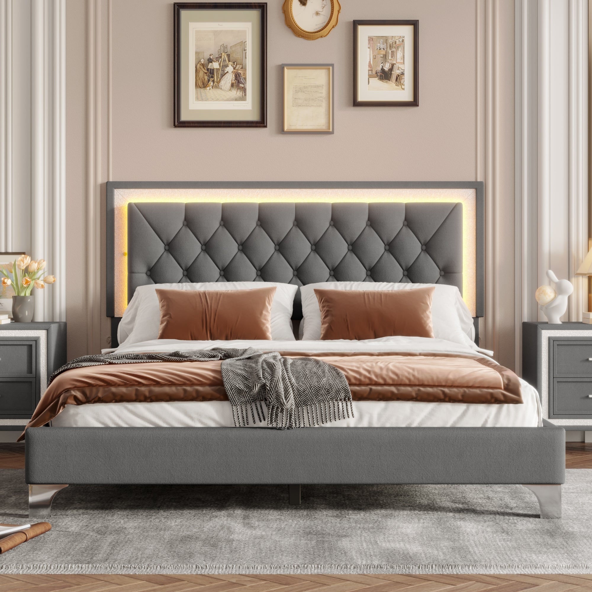Queen Size Velvet LED Upholstered Bed Frame with Tufted Headboard, Gray