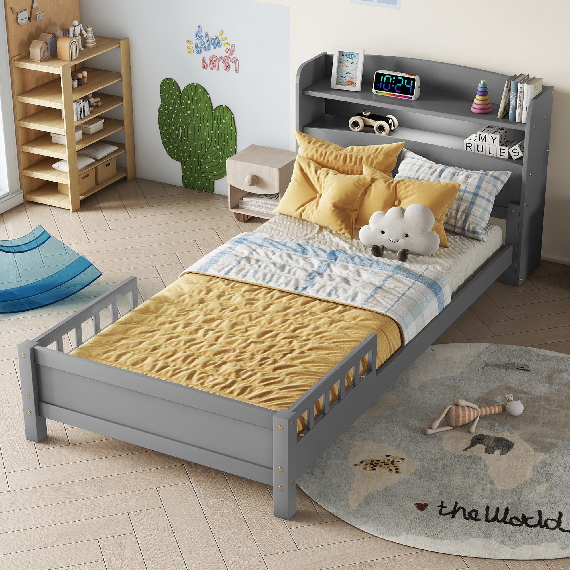 Twin Pine Wood Bed w/ Bookcase, LED Light & Guardrails - Grey