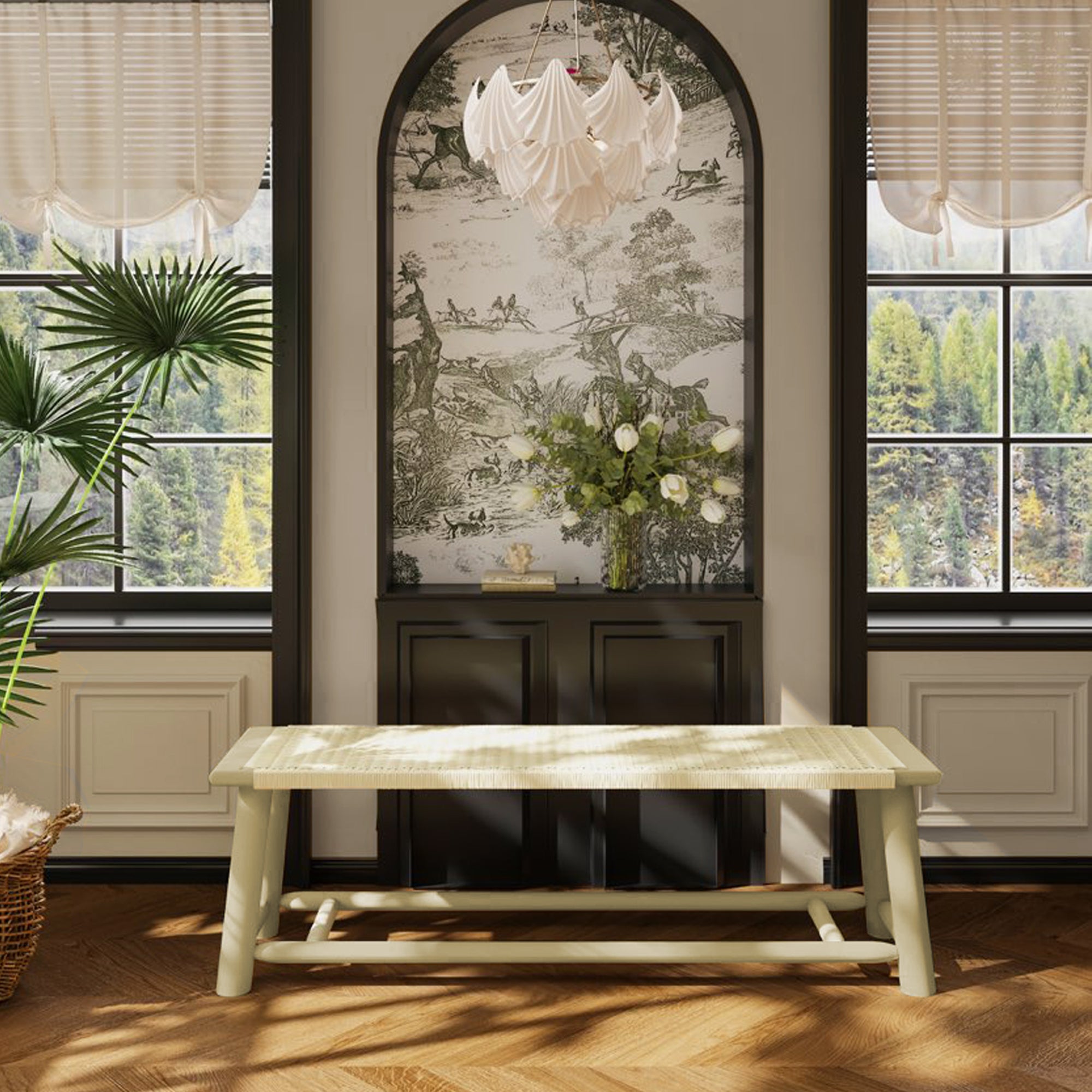 Farmhouse Modern Rattan Bench - 59" Indoor/Outdoor Solid Wood