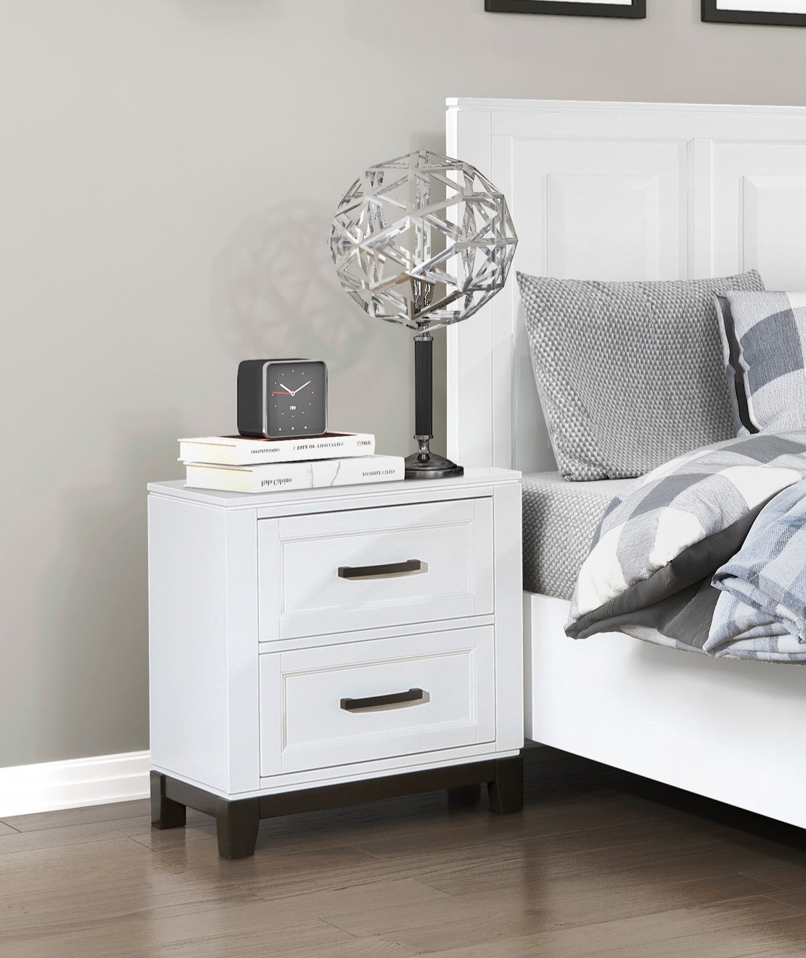 White Finish Nightstand | 2x Storage Drawers | Wooden Bedroom Furniture,