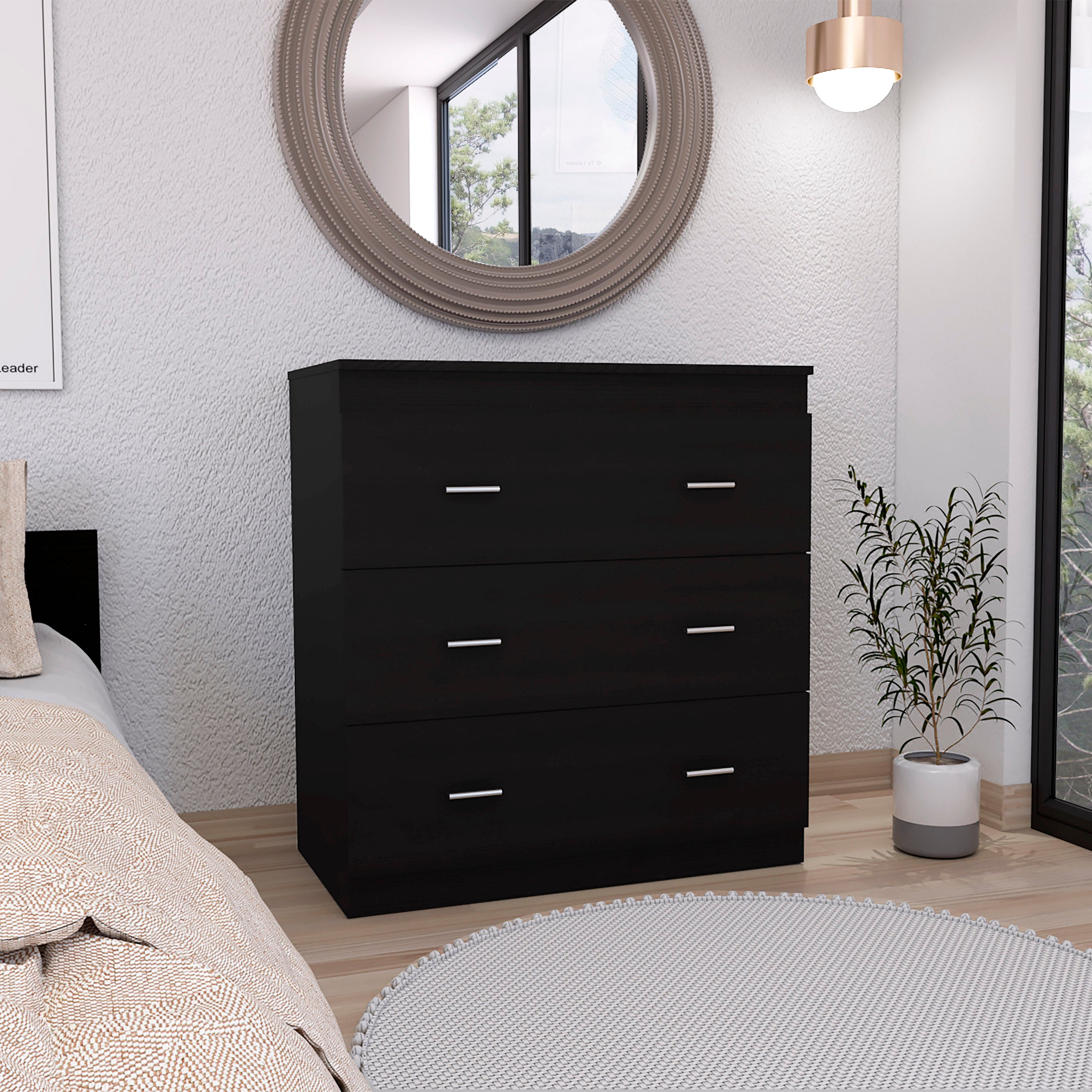 Black Wengue 3-Drawer Dresser Litress | Metal Handles