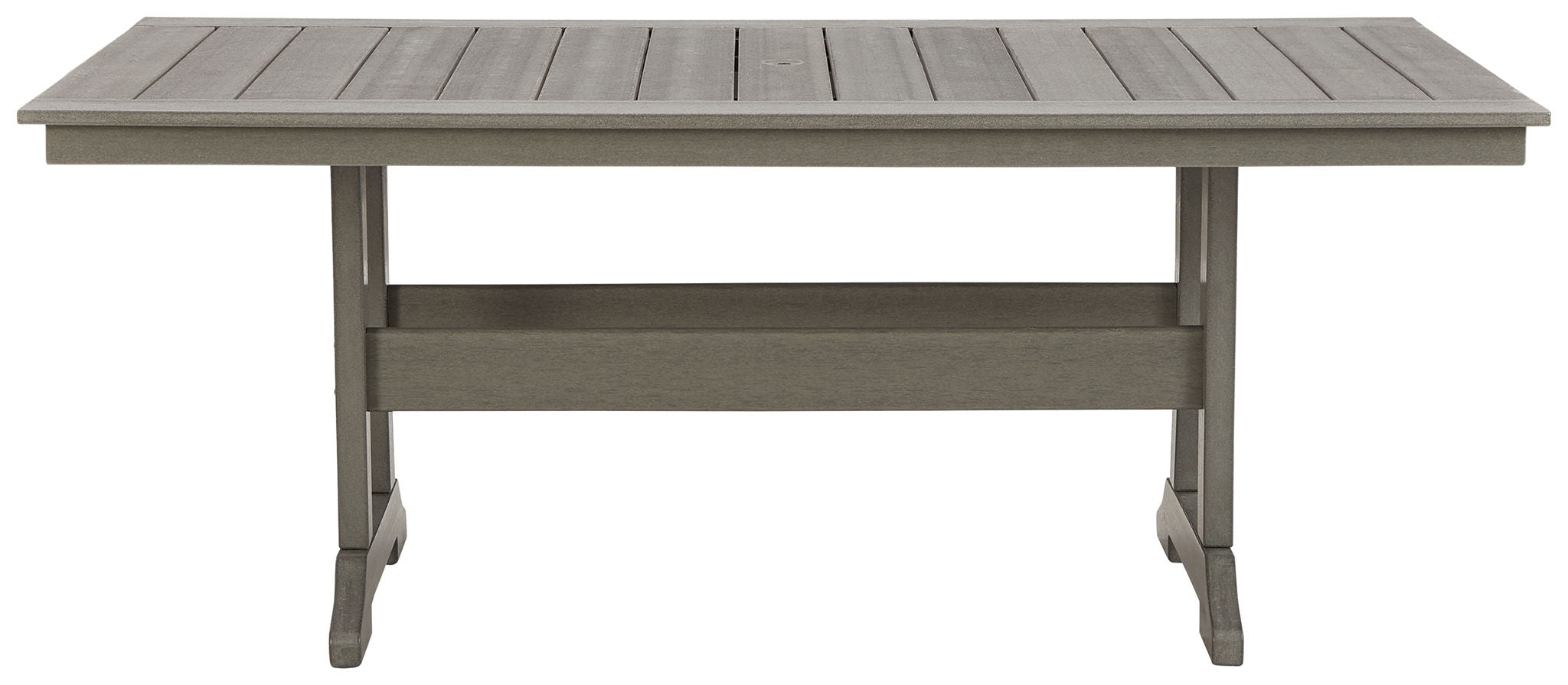 Gray rectangular dining table with slatted apron and four sturdy legs