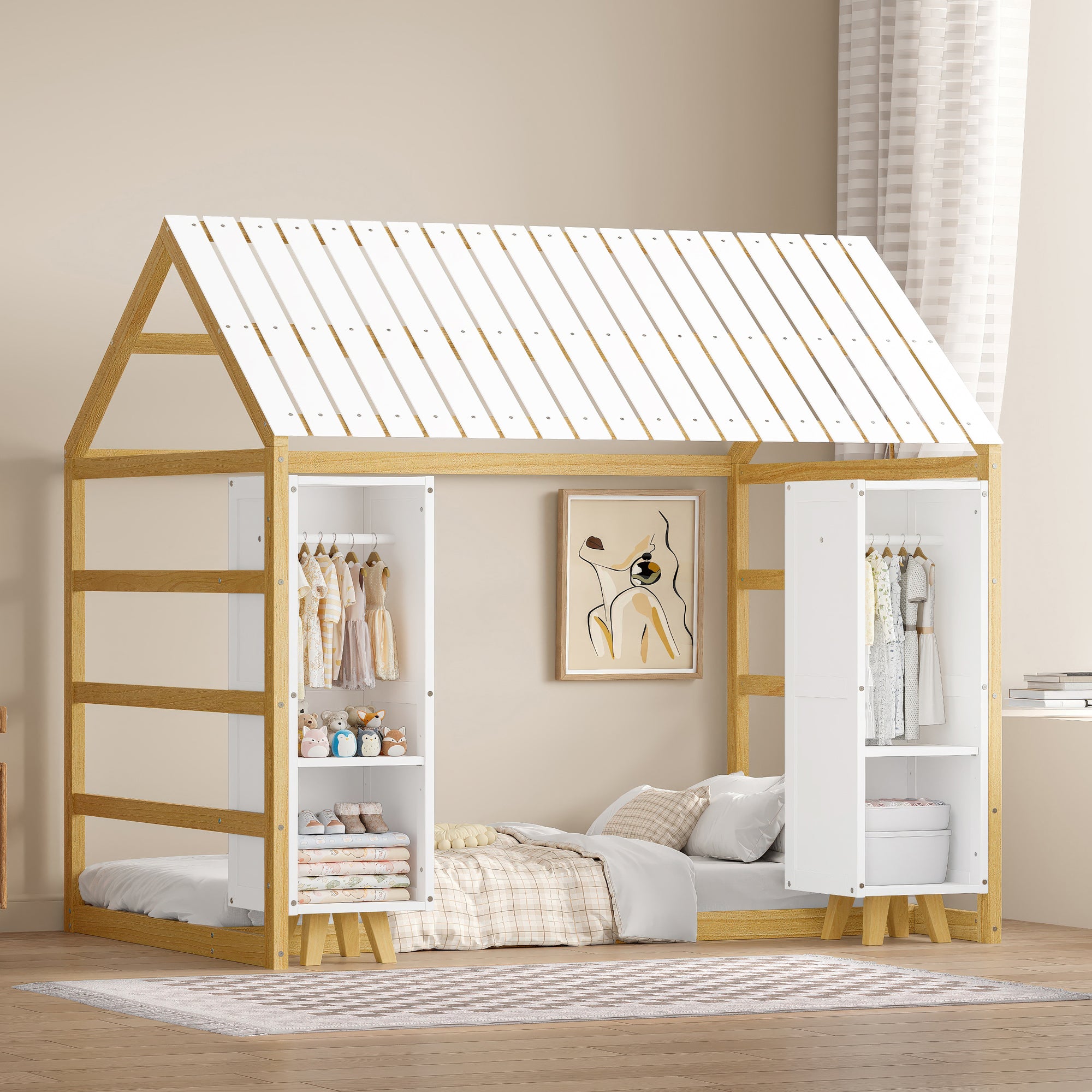 Natural Wooden Twin House Floor Bed w/ Wardrobes, Fence & Roof Kids