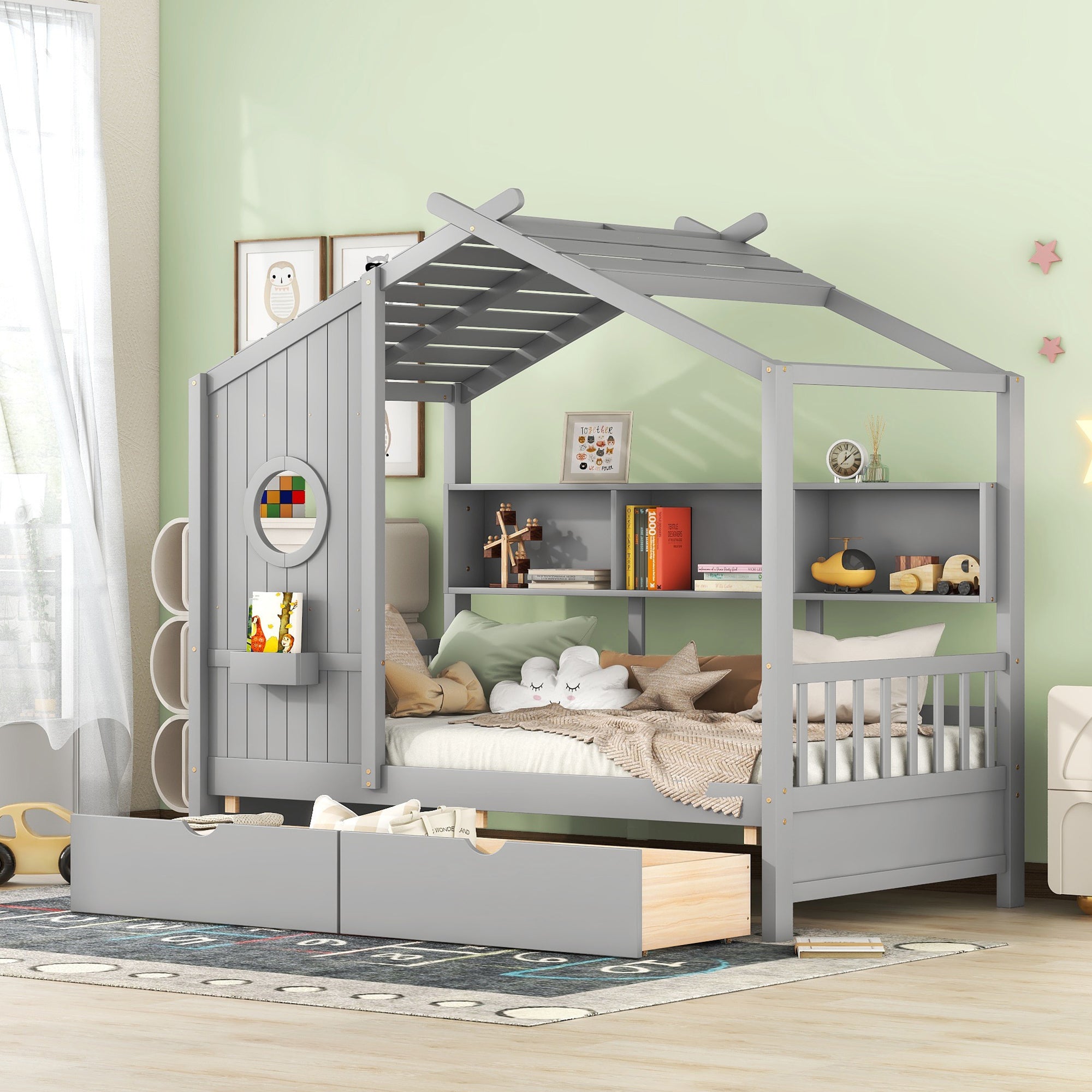 Kids Gray Twin Wooden House Bed with 2 Drawers & Storage Shelf