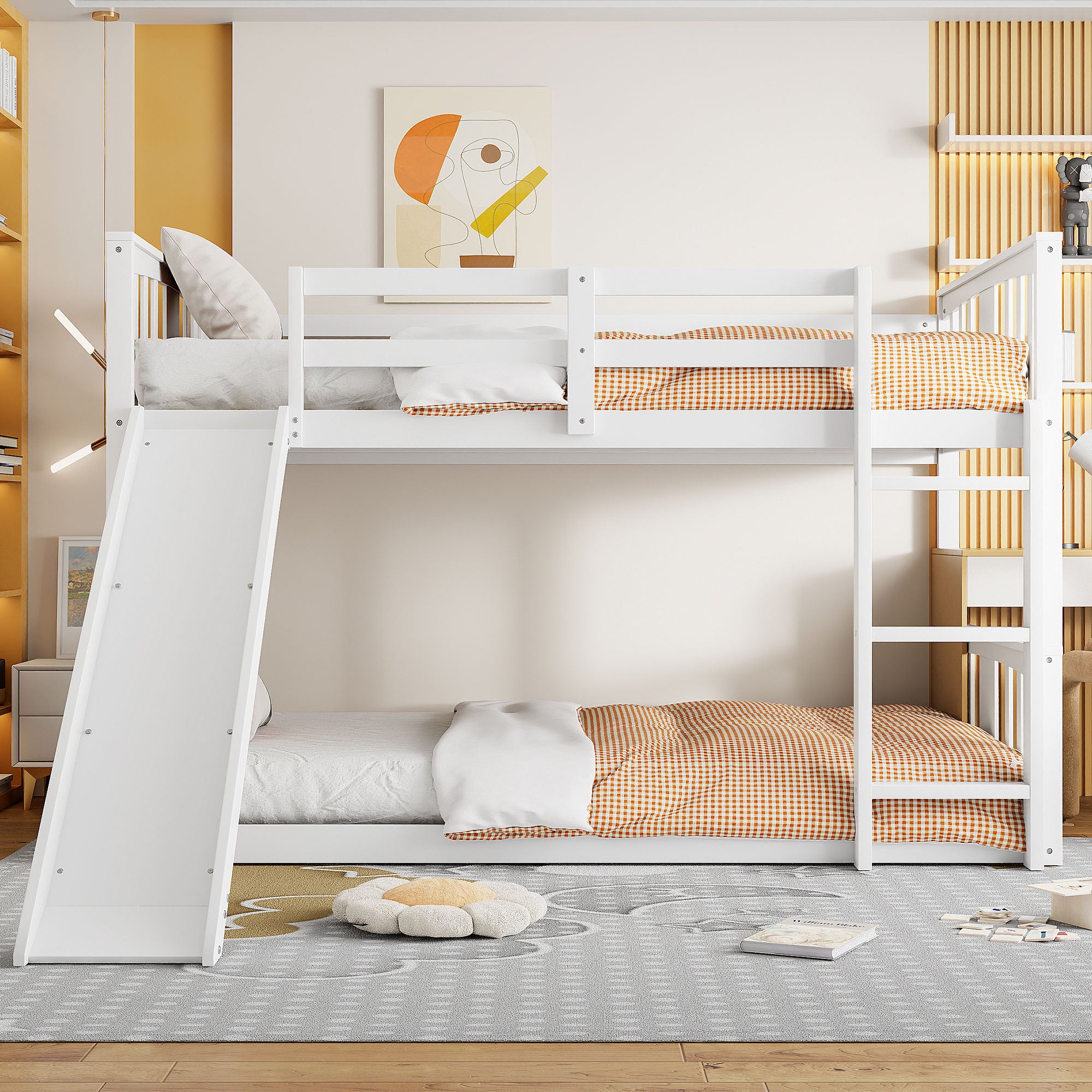 White Twin Over Twin Bunk Bed with Slide and Ladder