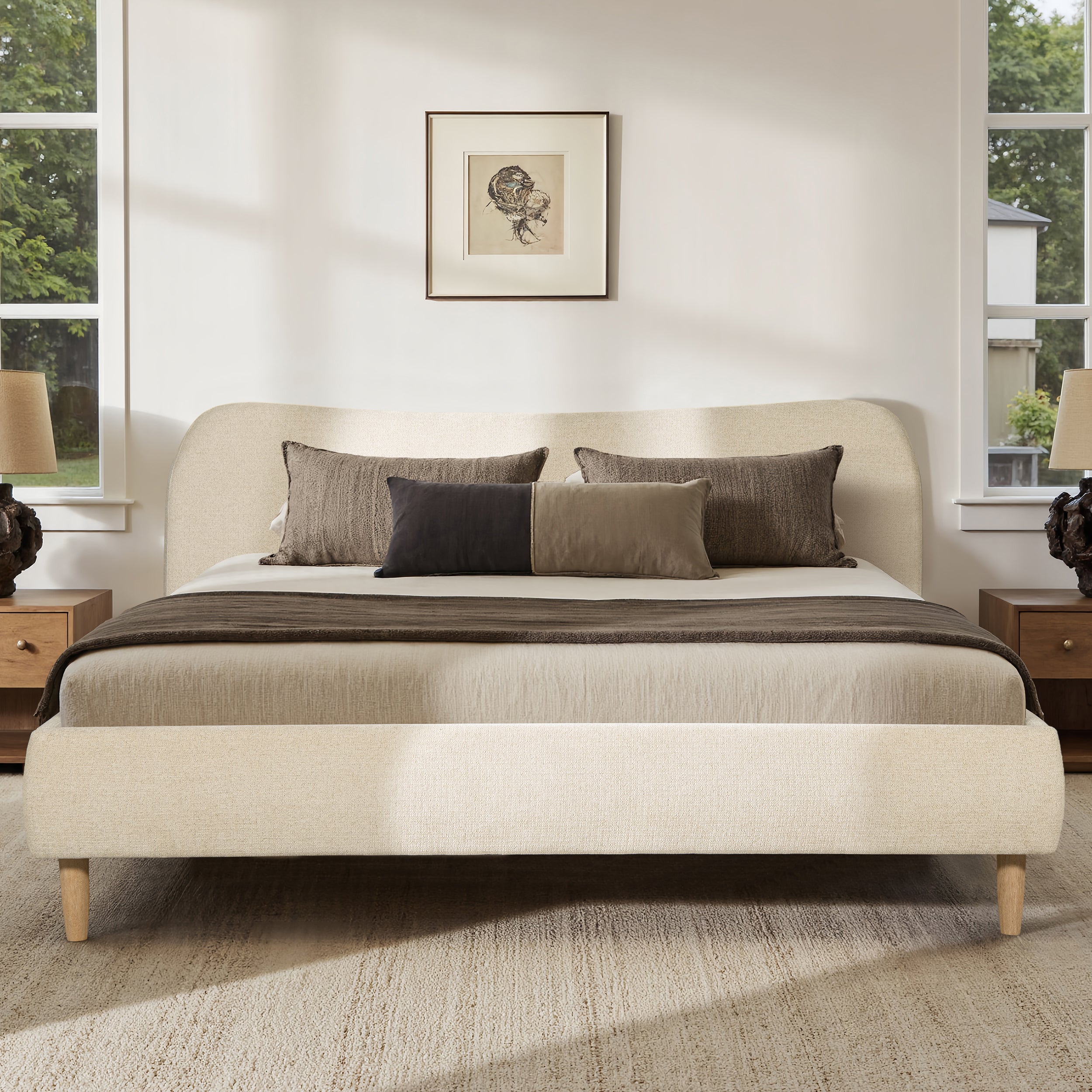 Roman King Platform Bed: Curved Headboard, Oatmeal Beige Chenille