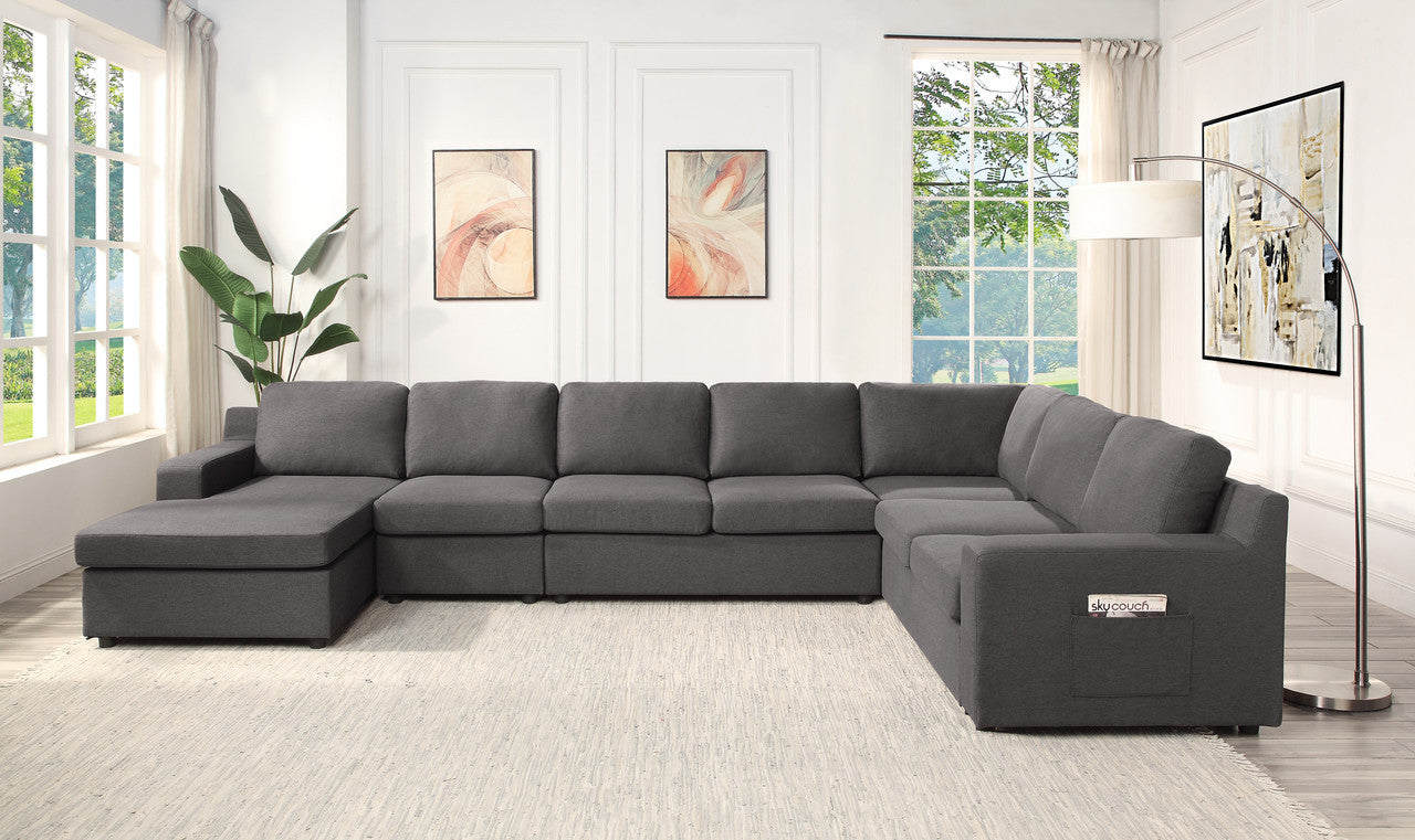 Waylon 145.5' Gray Linen 7-Seater U-Shape Sectional Chaise