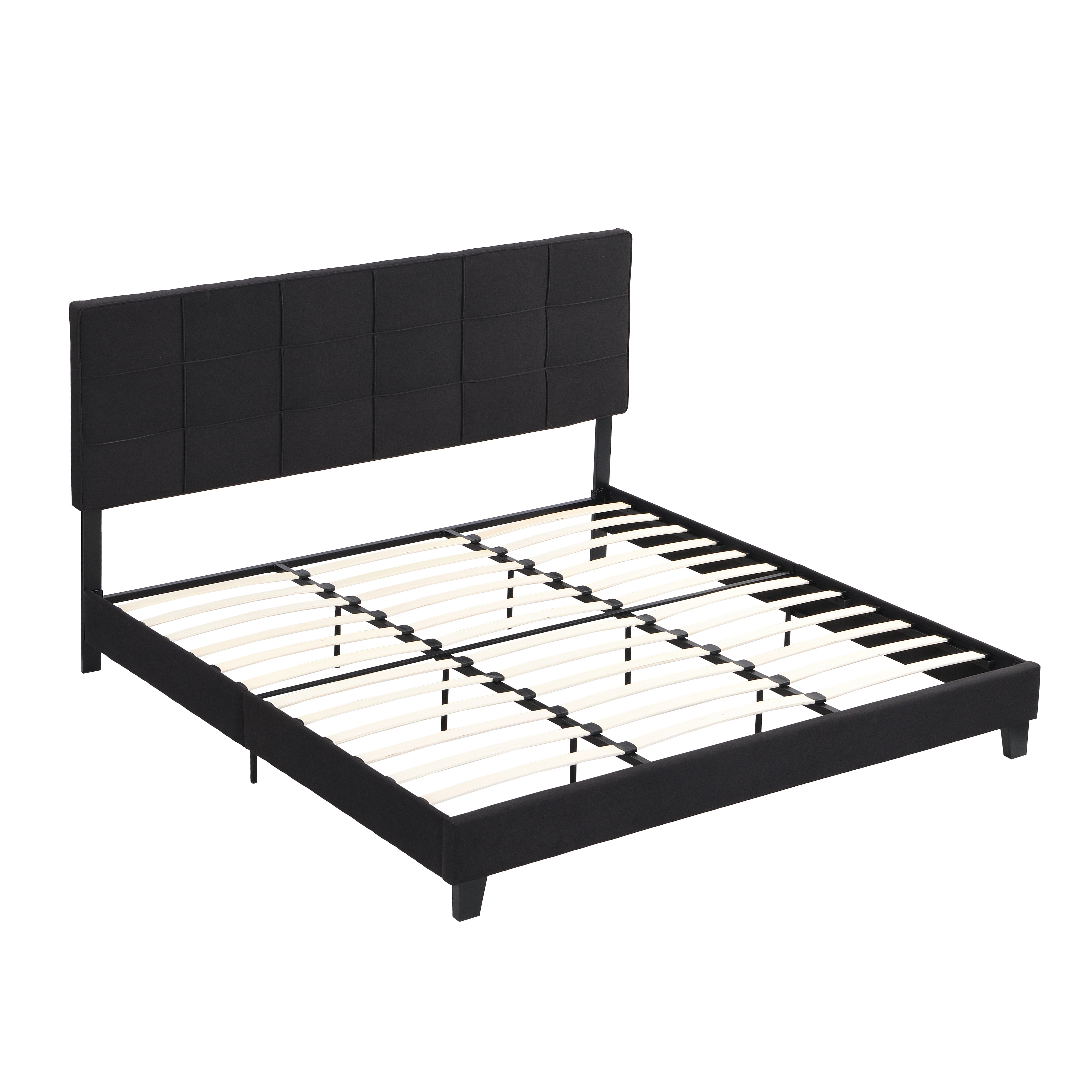 King Size Black Upholstered Platform Bed w/Linen Headboard & Slats