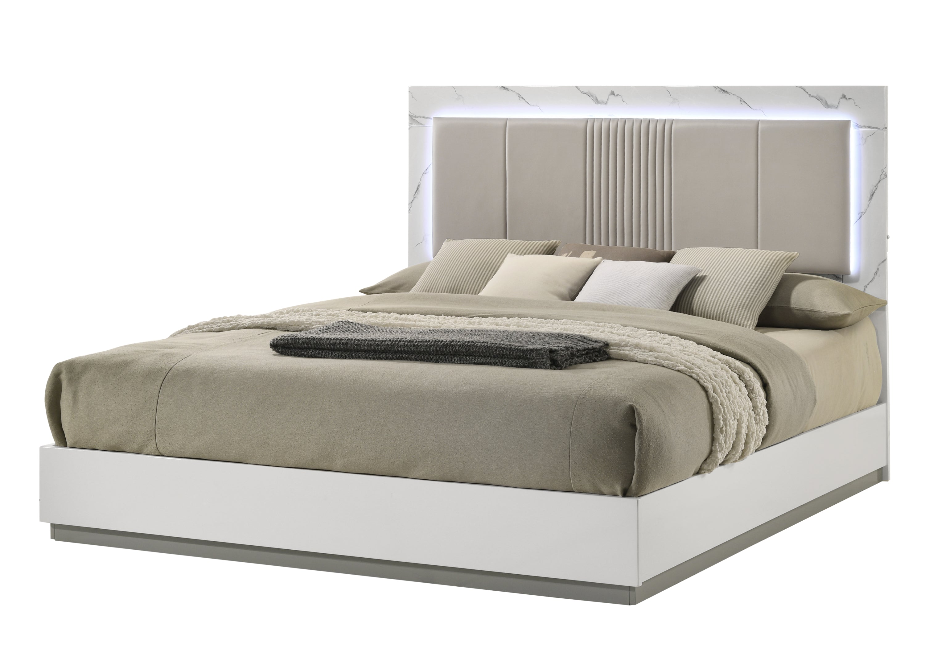 Mist Queen Bed: High-Gloss Marble, Lacquer, LED & Padded Headboard