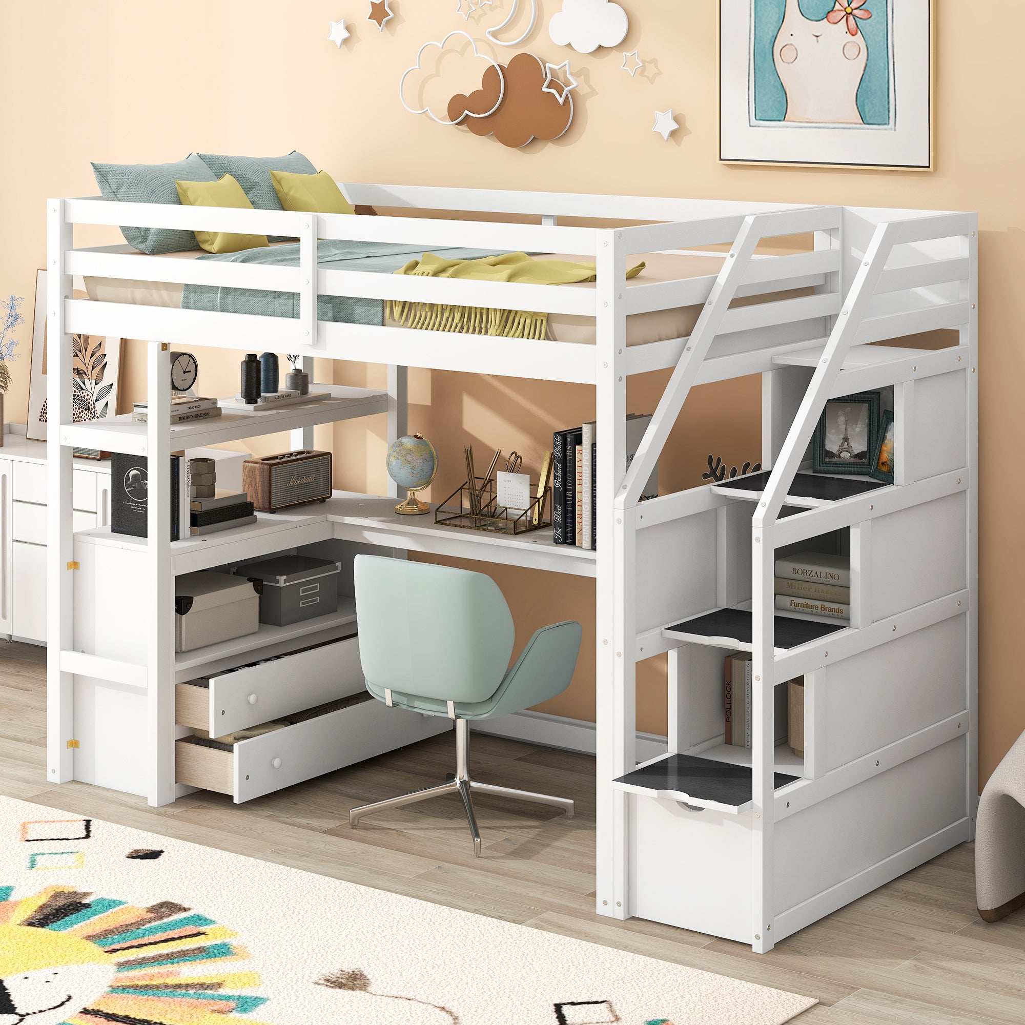 White Twin Loft Bed w/Desk, Shelves, Two Drawers, Storage Staircase