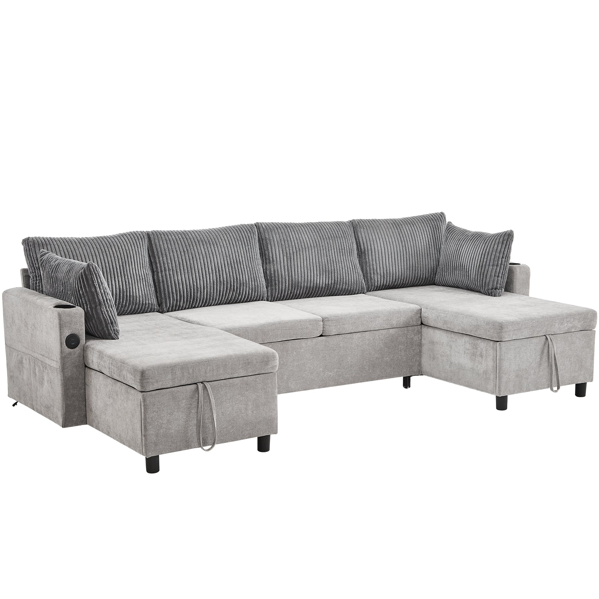 Grey Sectional Sofa Bed w/Storage, USB & Cupholders
