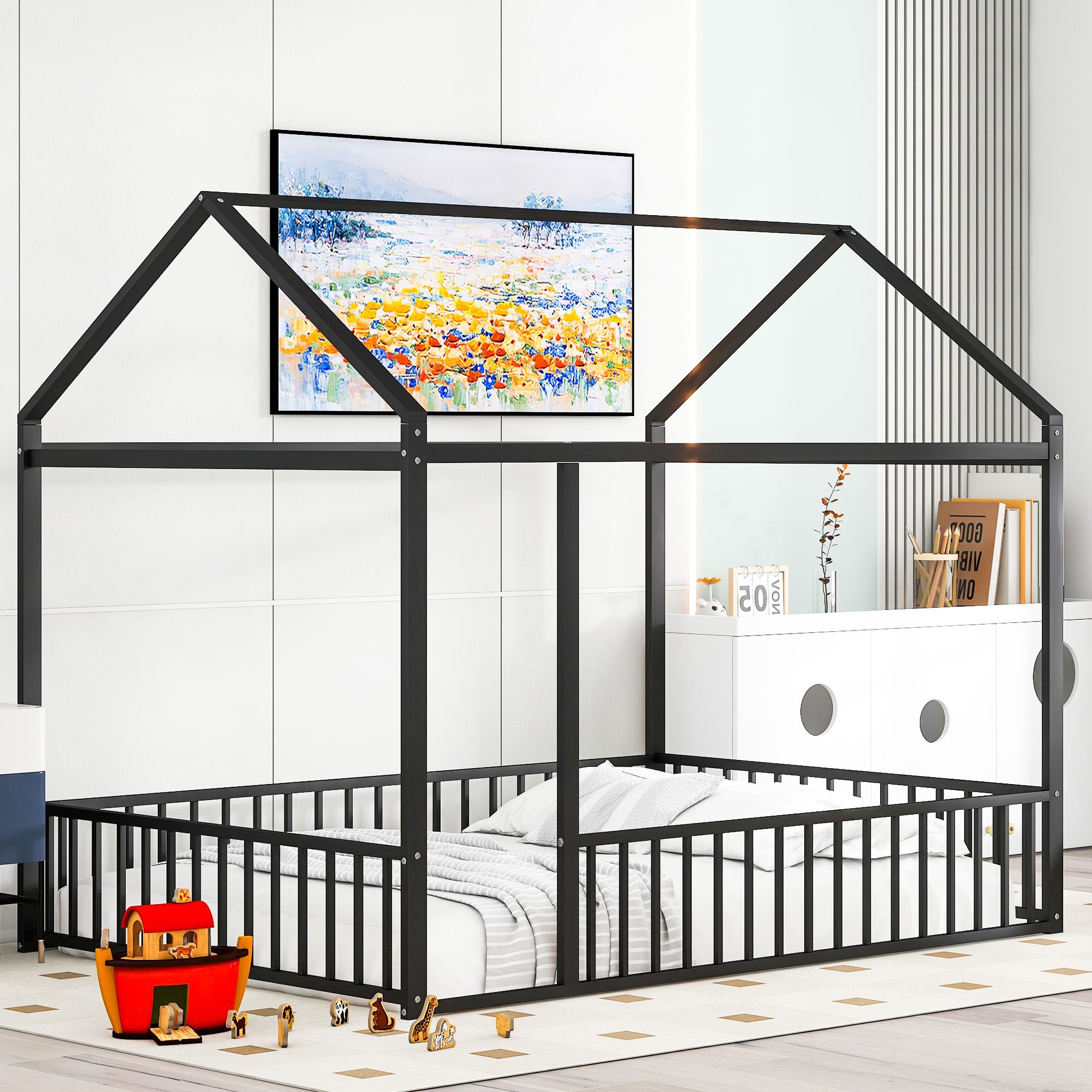 Full Size Metal House Bed Frame with Fence for Kids, Teens, Boys, Girls