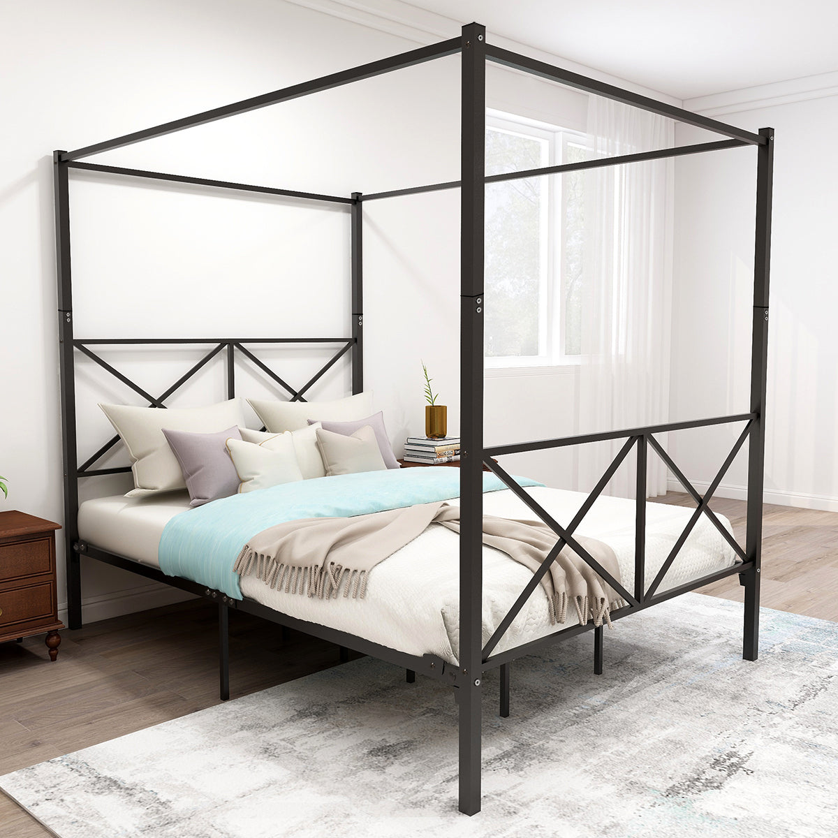 Metal Canopy Platform Bed Frame Queen X-Shaped Black