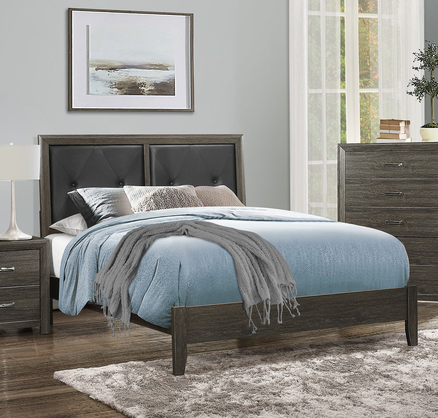 Contemporary Dark Gray Queen Bed - Tufted Faux Leather Headboard