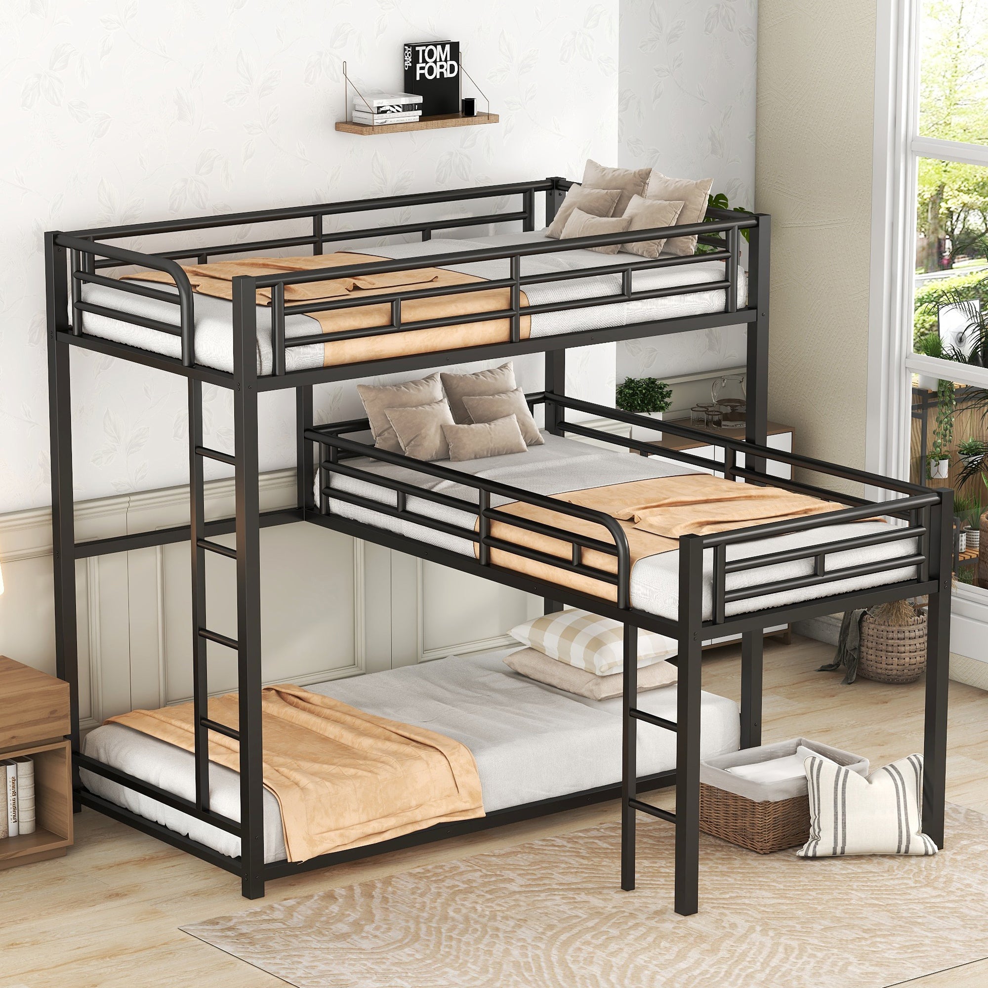 L-Shaped Metal Triple Twin Bunk Bed - Black, Space-Saving Design