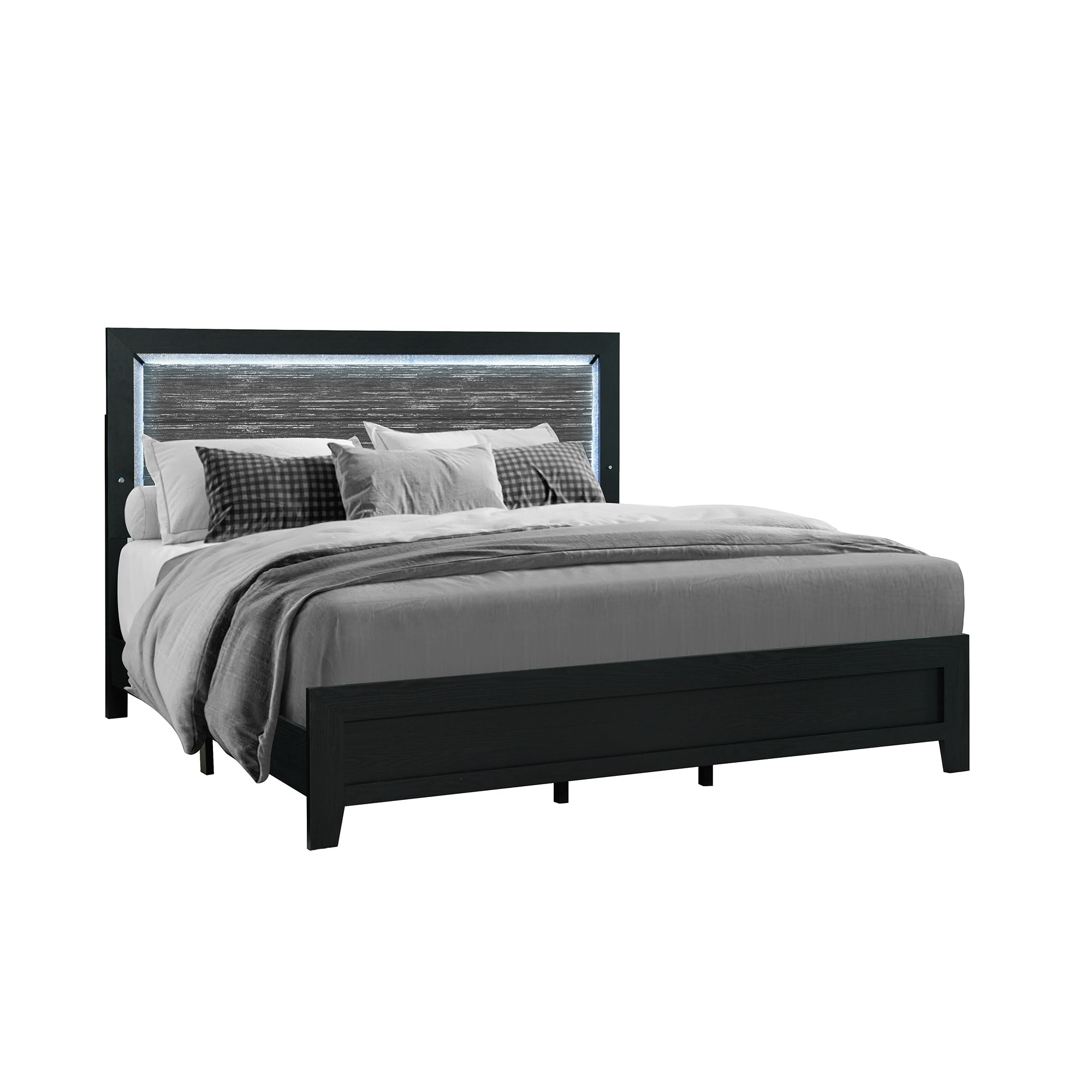 Carlos Modern King Bed - LED Accent Lighting, Black, Solid Wood & MDF
