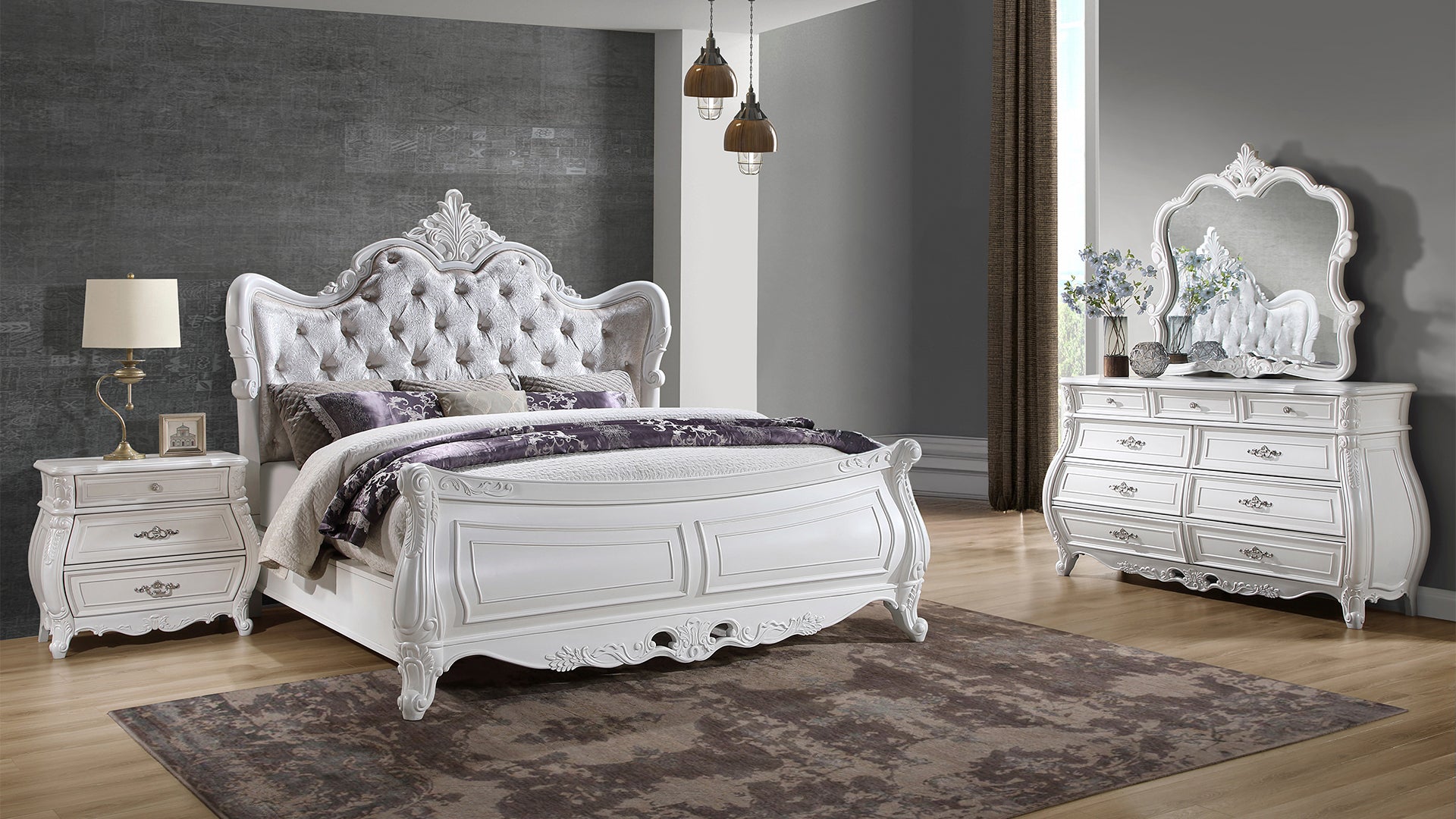 Opulence Modern Pearl White Wood 4 Pc King Bedroom Set