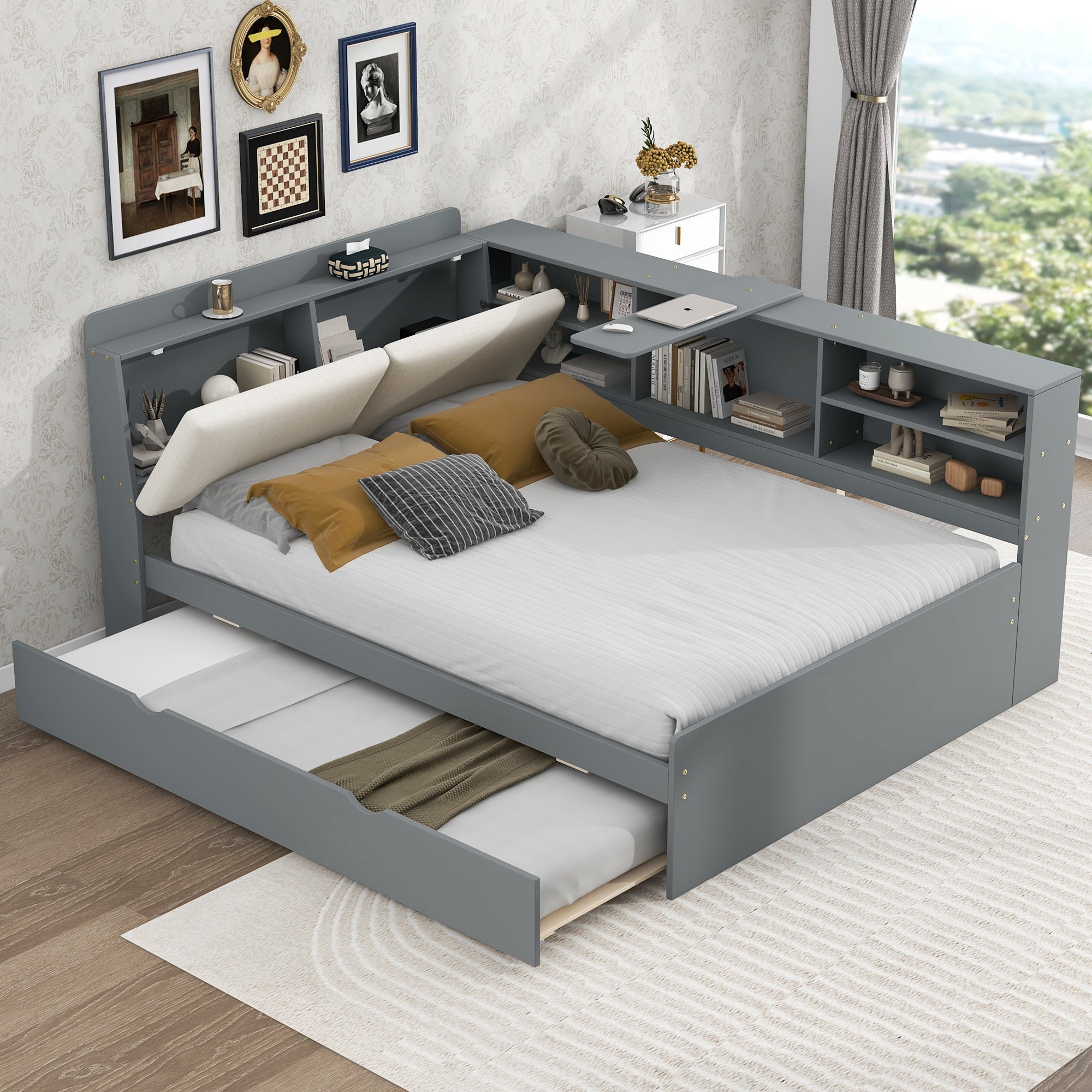 Gray Full Size Wood Platform Bed: Trundle, Shelves & Storage Headboard