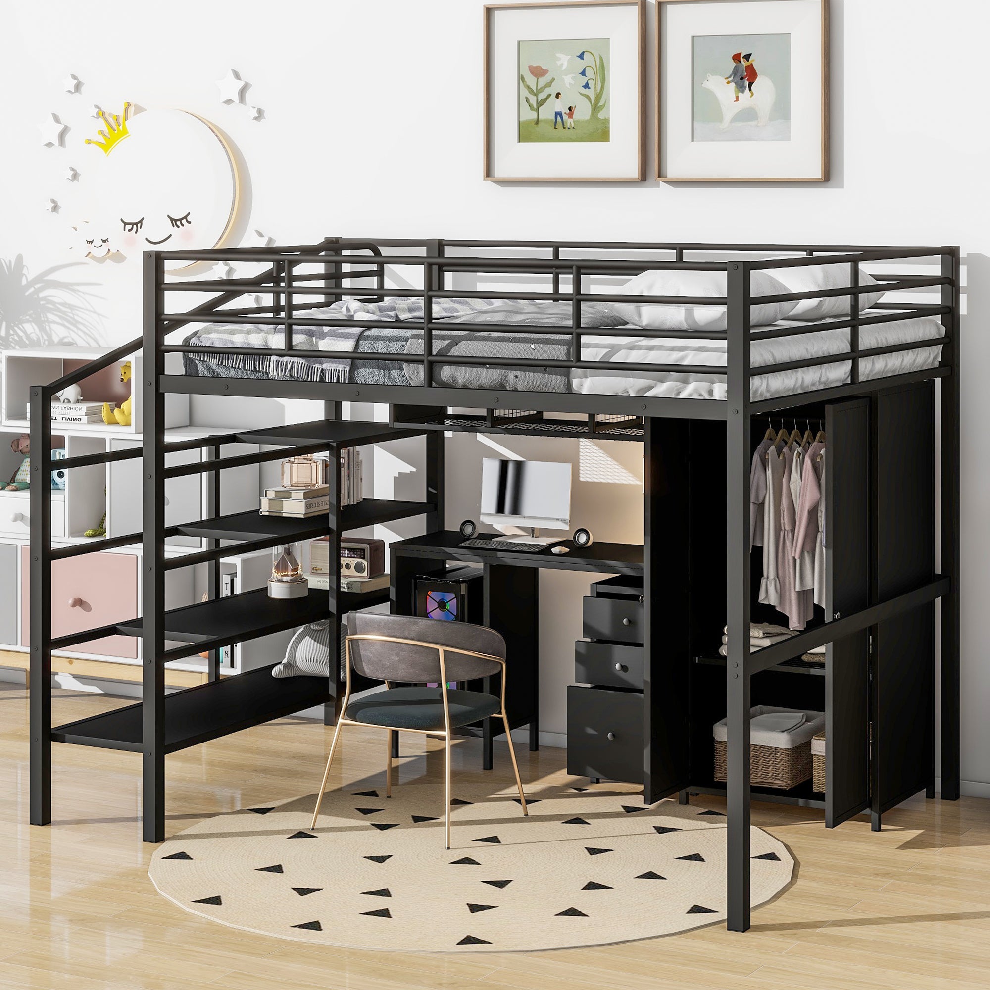 Black Full Metal Loft Bed: Desk, Table & Wardrobe Set Space-Saving